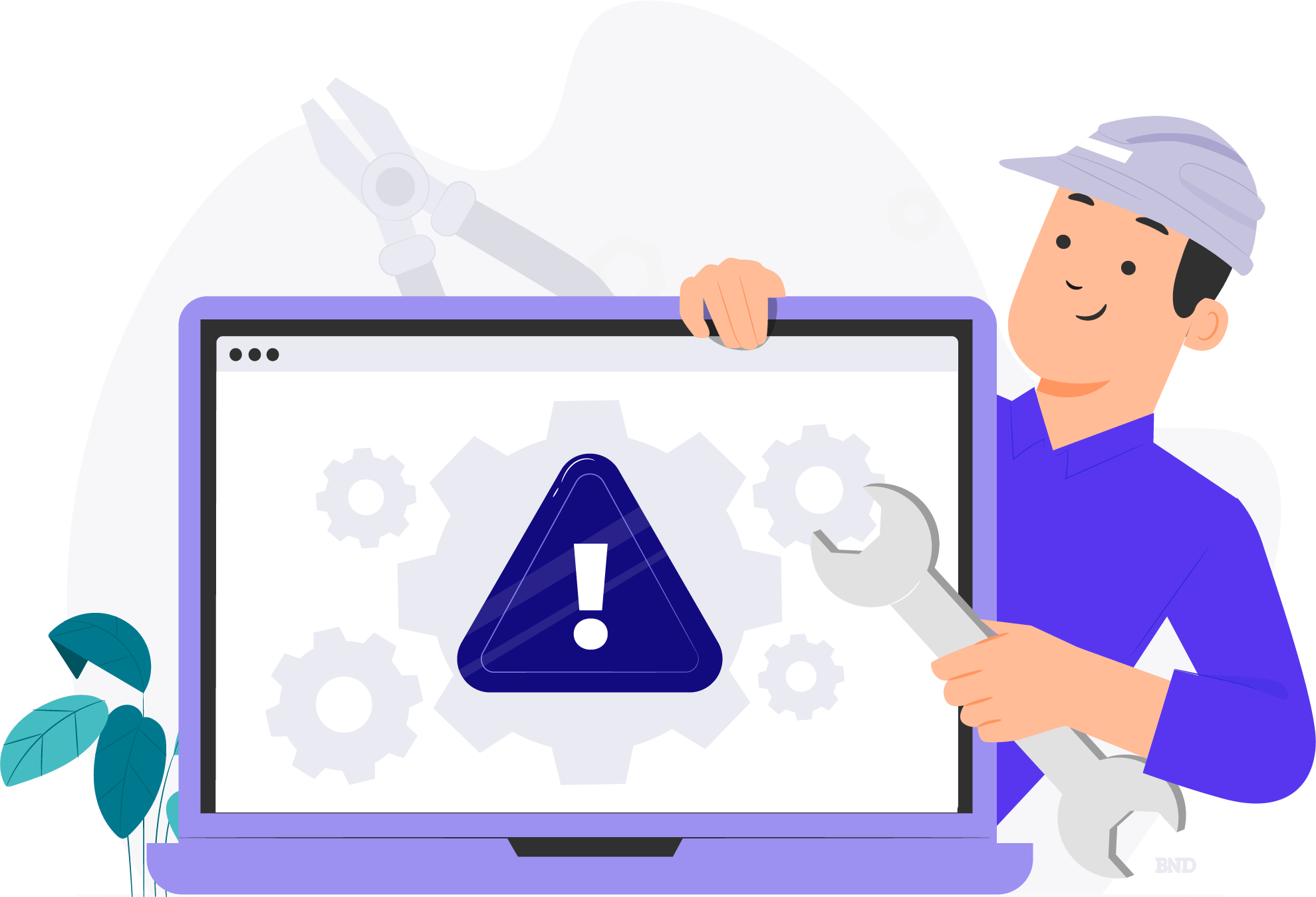 graphic of someone fixing a computer with a wrench
