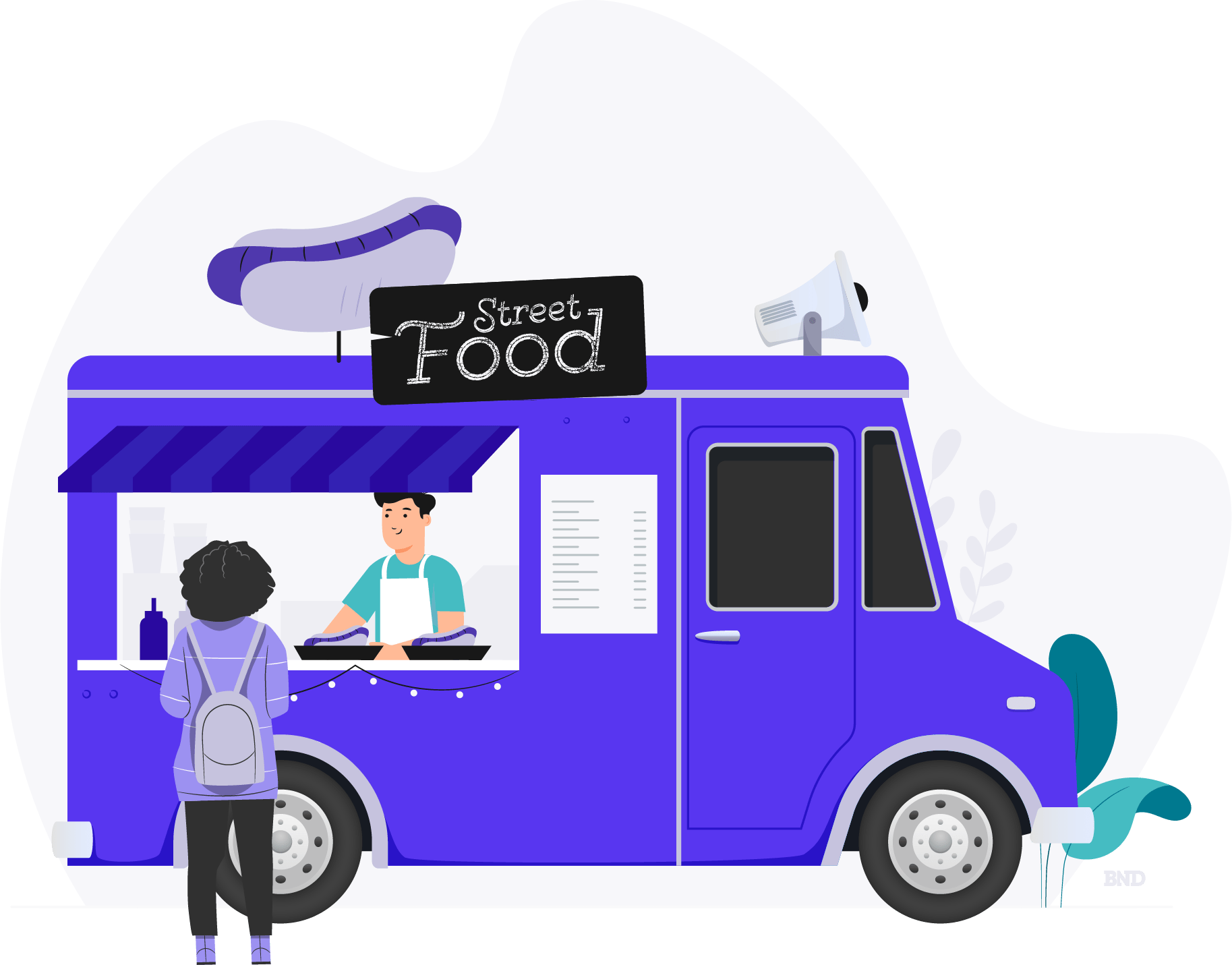 graphic of someone standing at a purple food truck