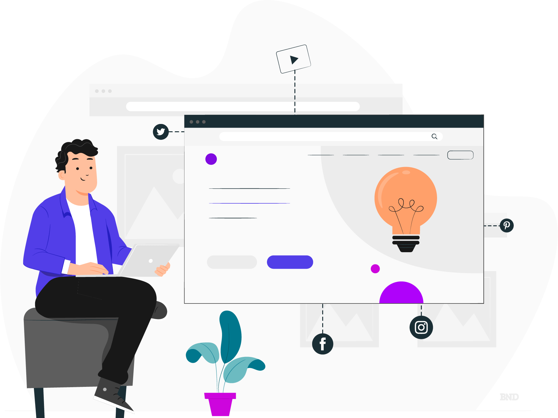 graphic of a businessperson next to a screen with a lighbulb on it
