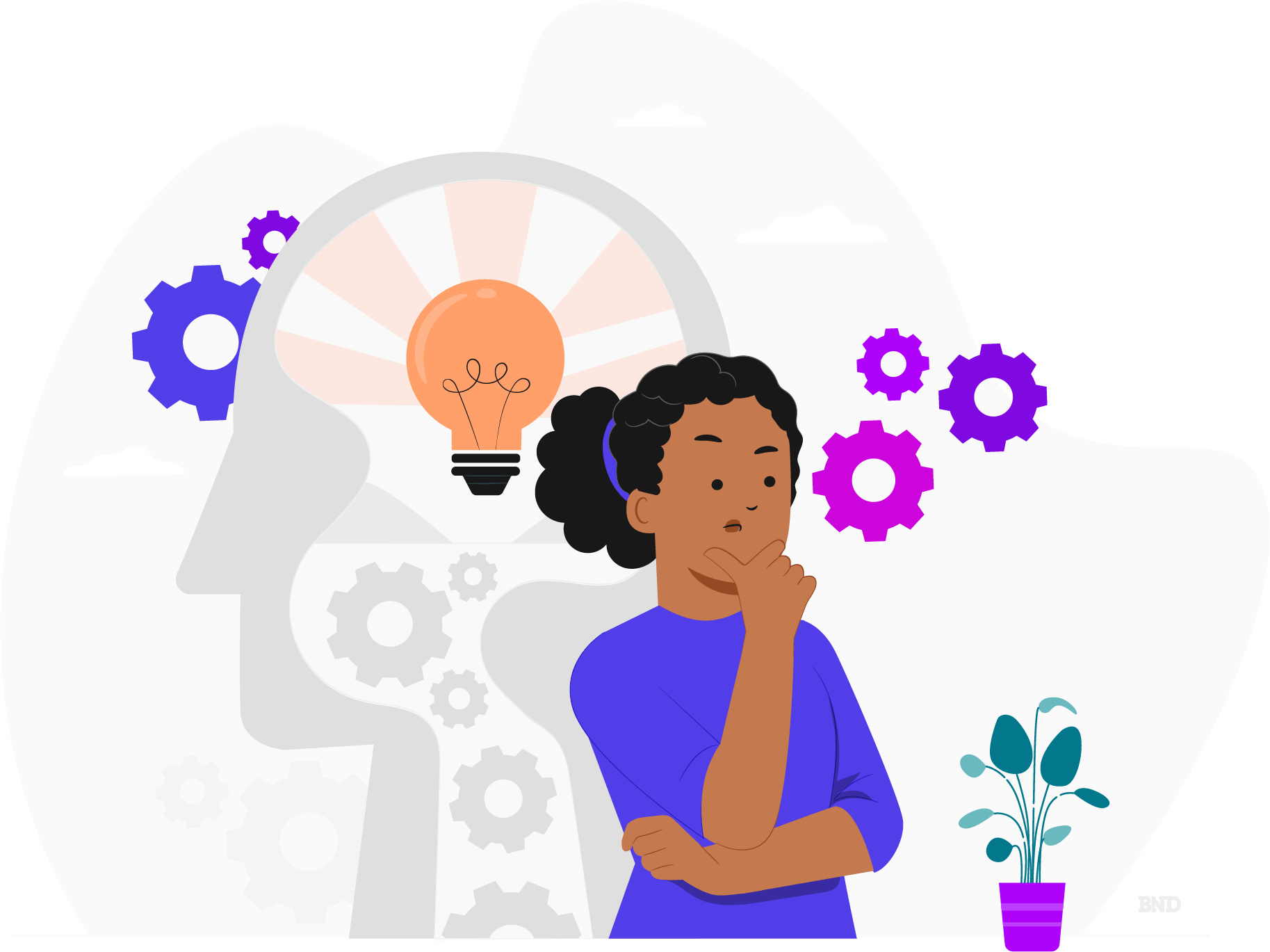 graphic of a person with a lightbulb and gears above their head