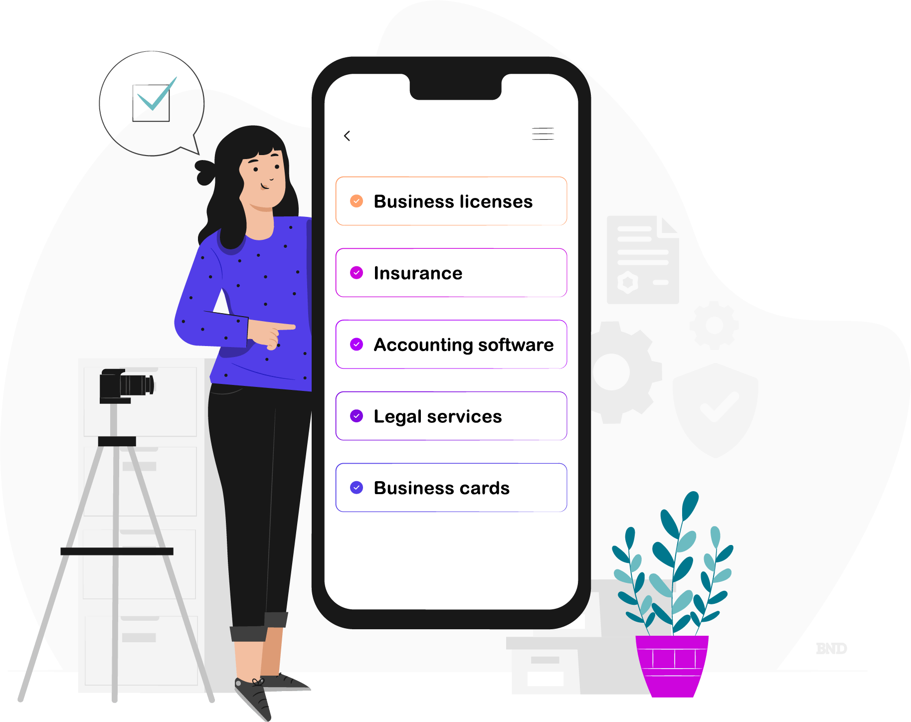 graphic of woman standing next to a large mobile device