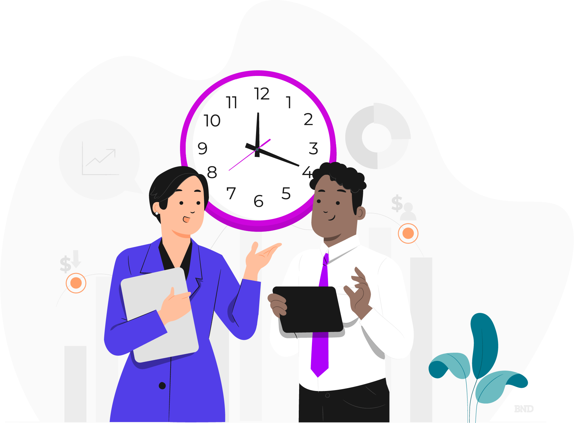 graphic of colleagues conversing in front of a clock