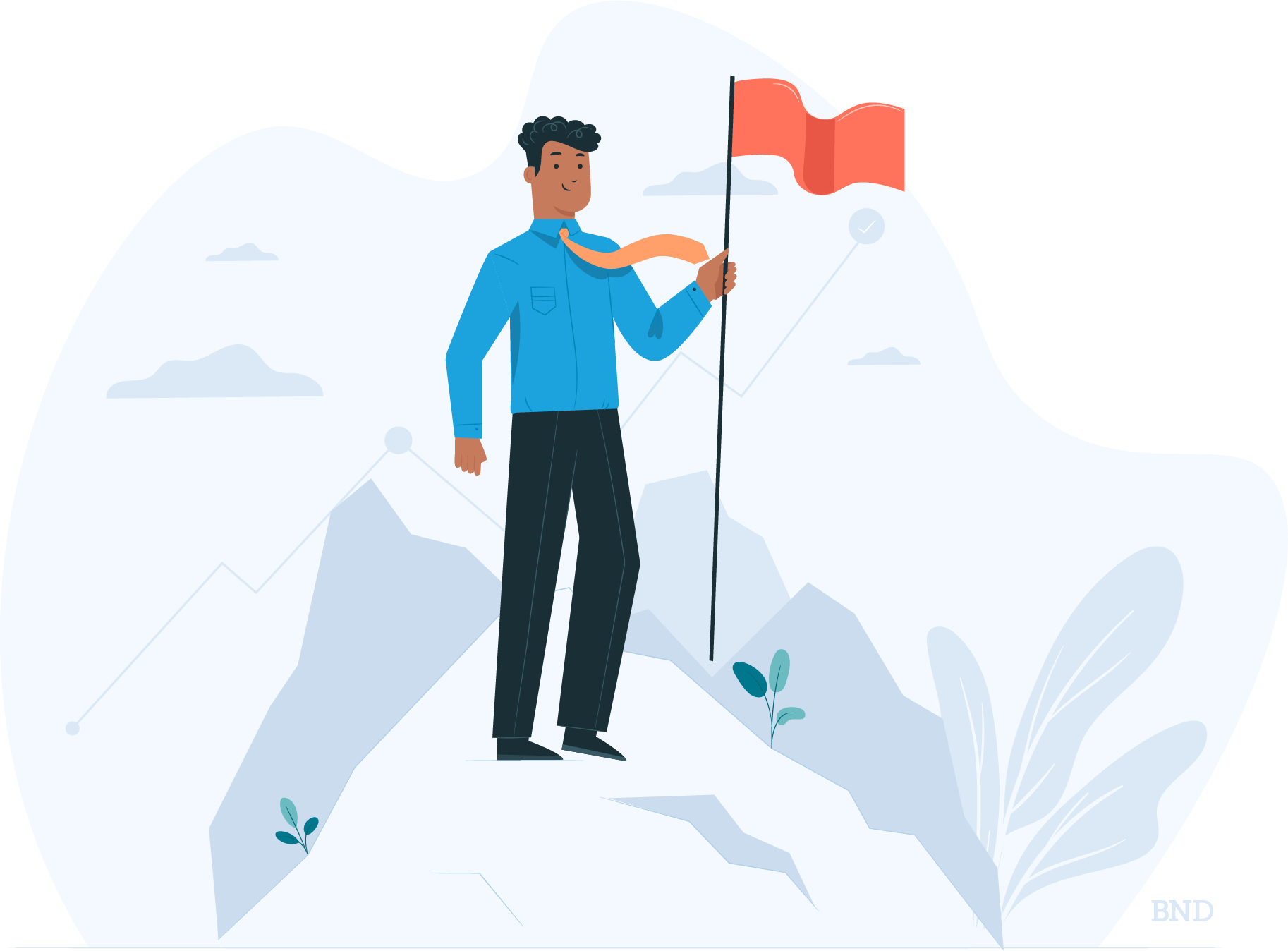 graphic of a person planting a flag on a mountain summit