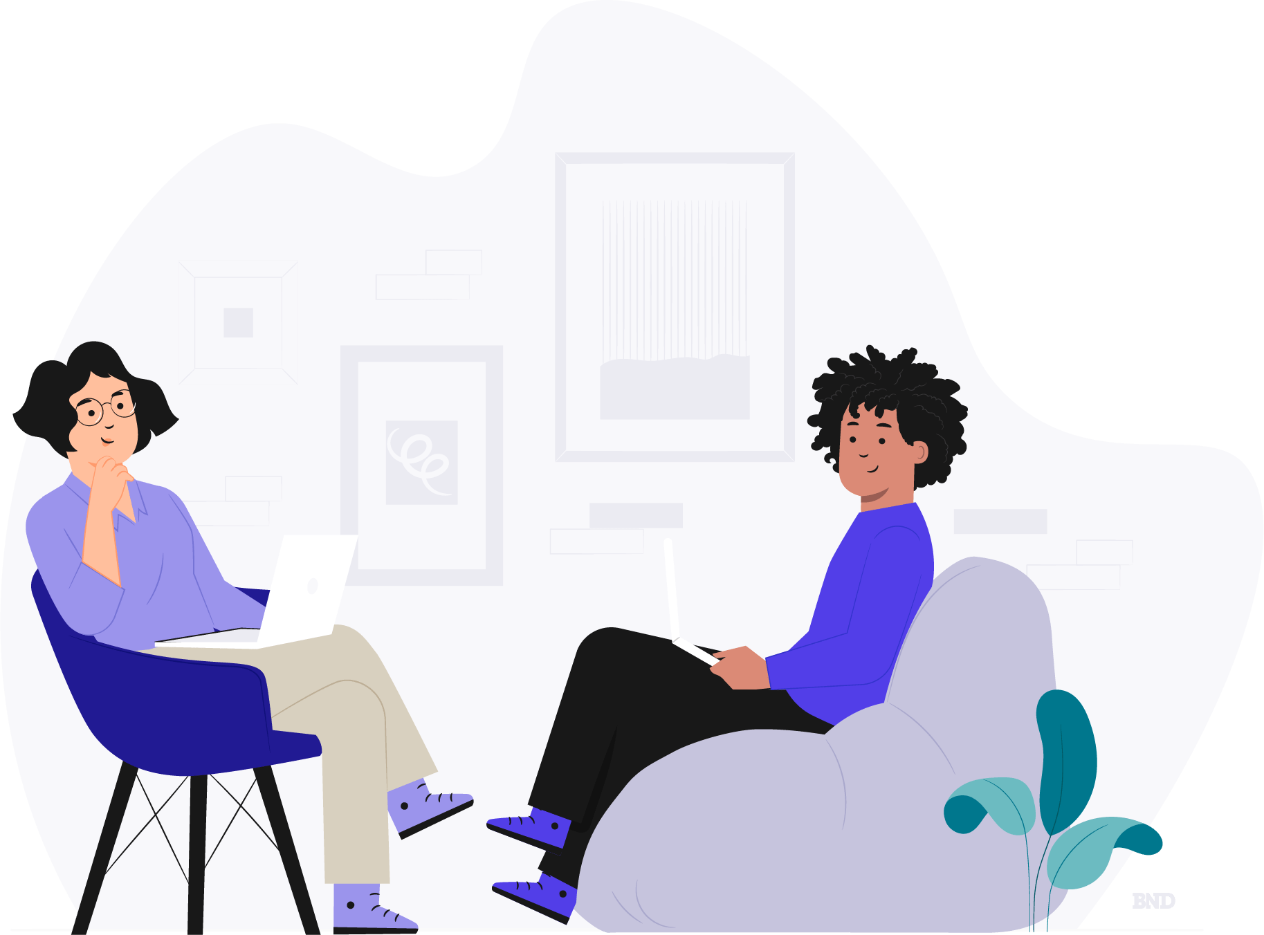 graphic of two colleagues sitting in chairs talking to each other