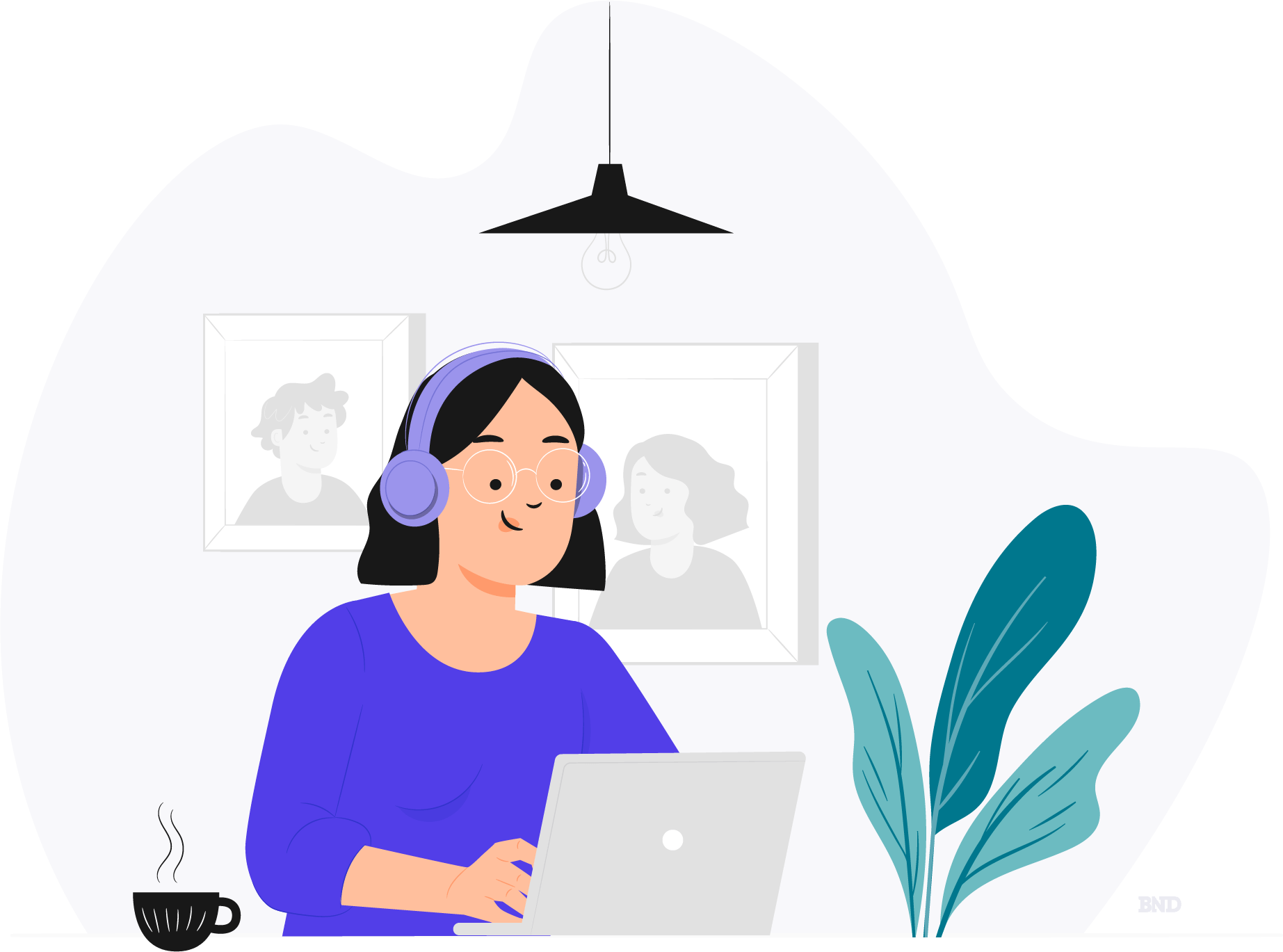 graphic of a person wearing headphones while using a laptop