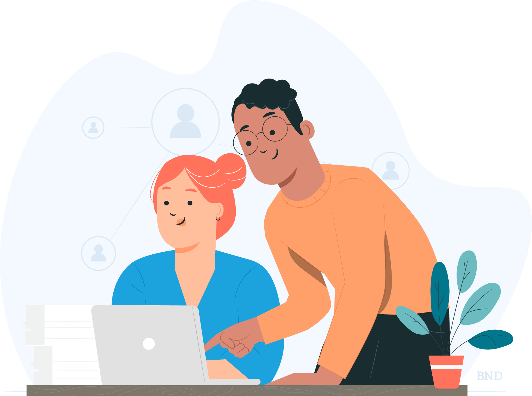 graphic of two people looking at a laptop