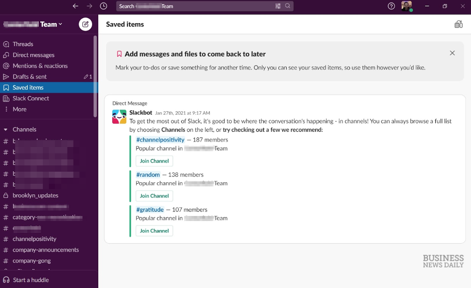 Slack saved items screenshot