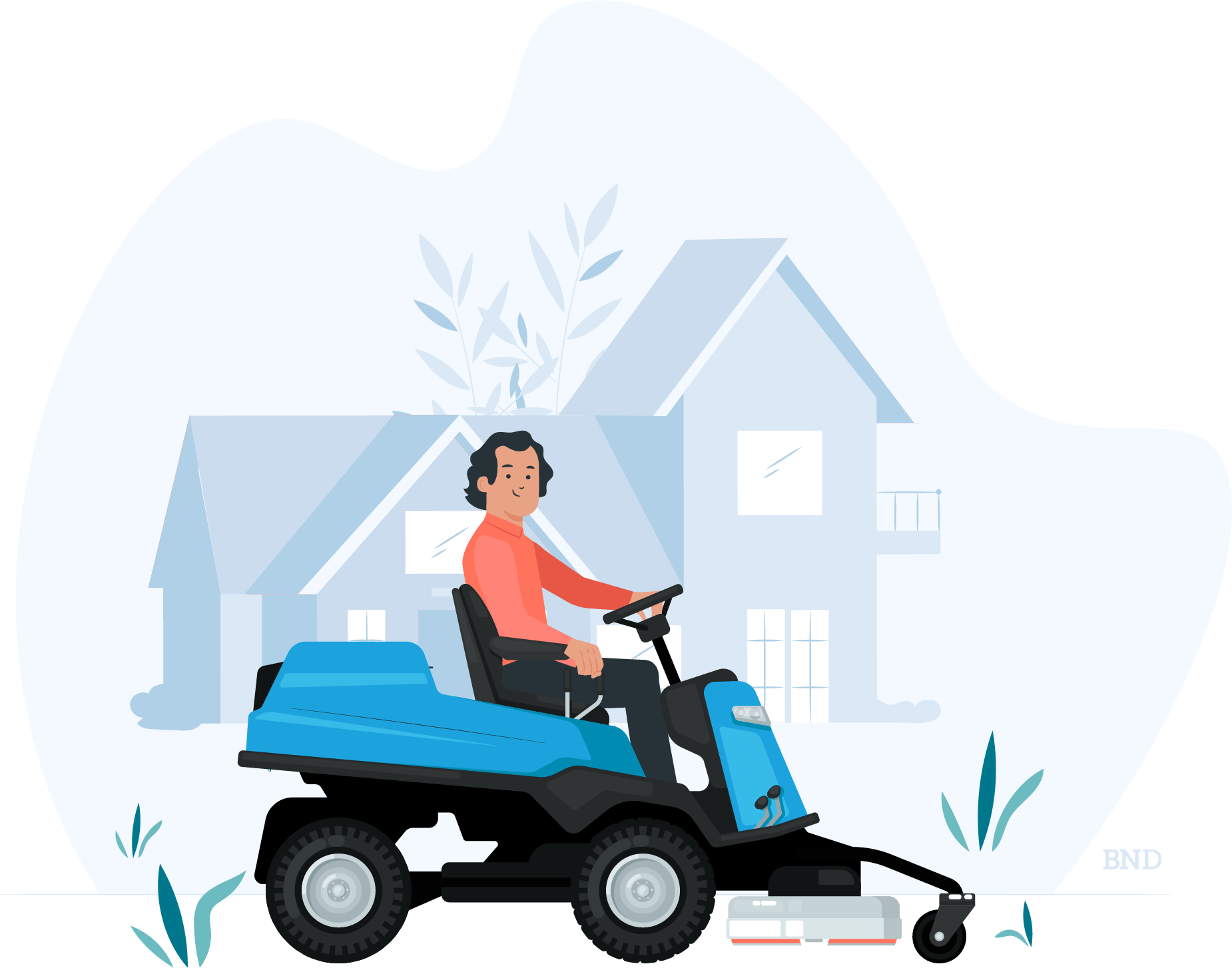 graphic of a person using a riding lawnmower