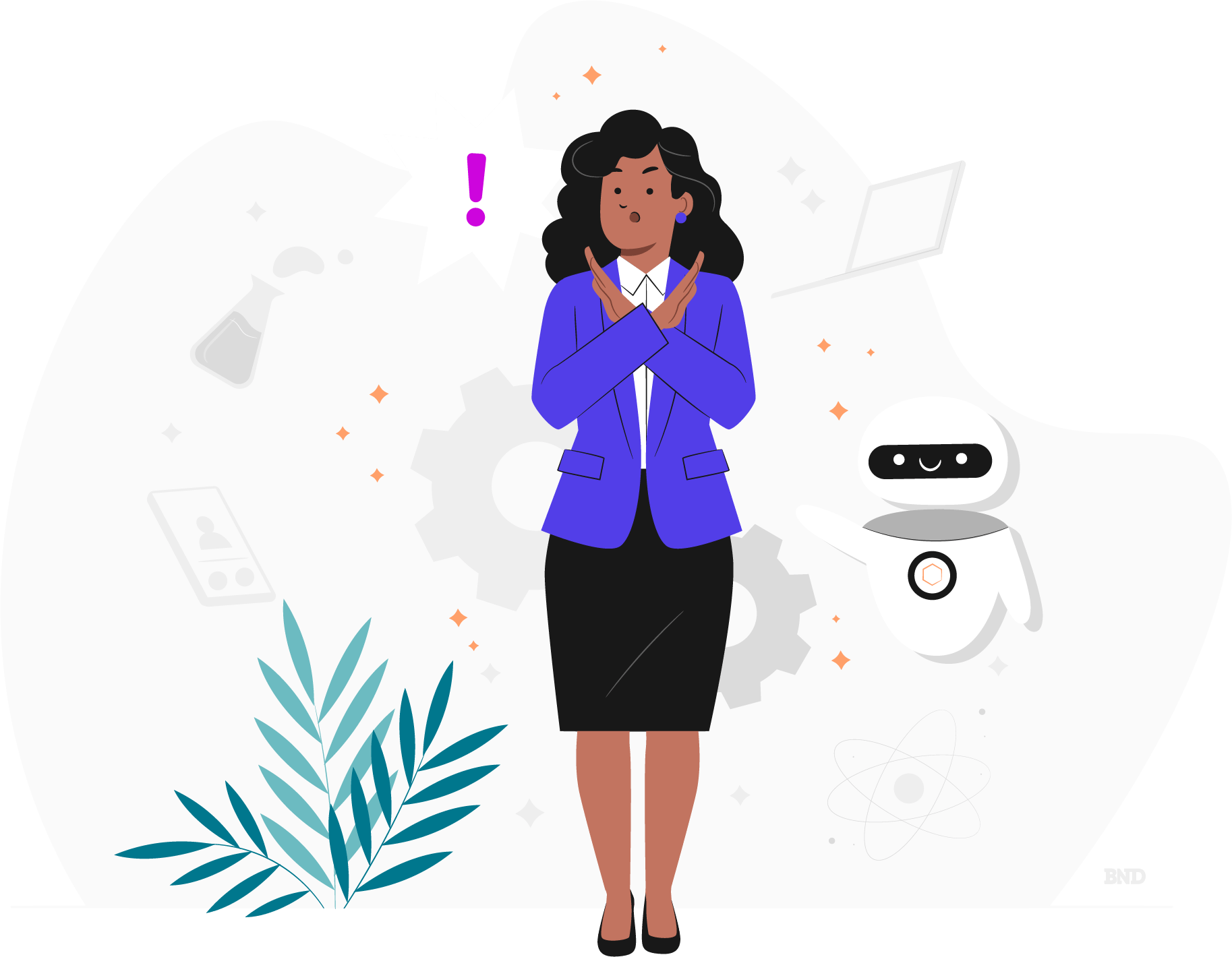 graphic of businesswoman standing next to a robot