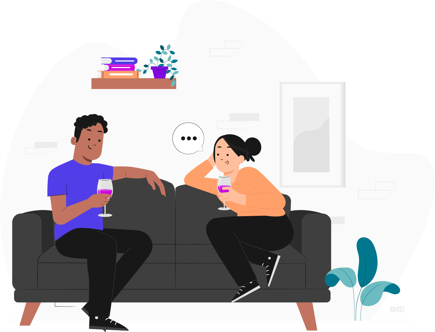 graphic of two colleagues talking on a couch 