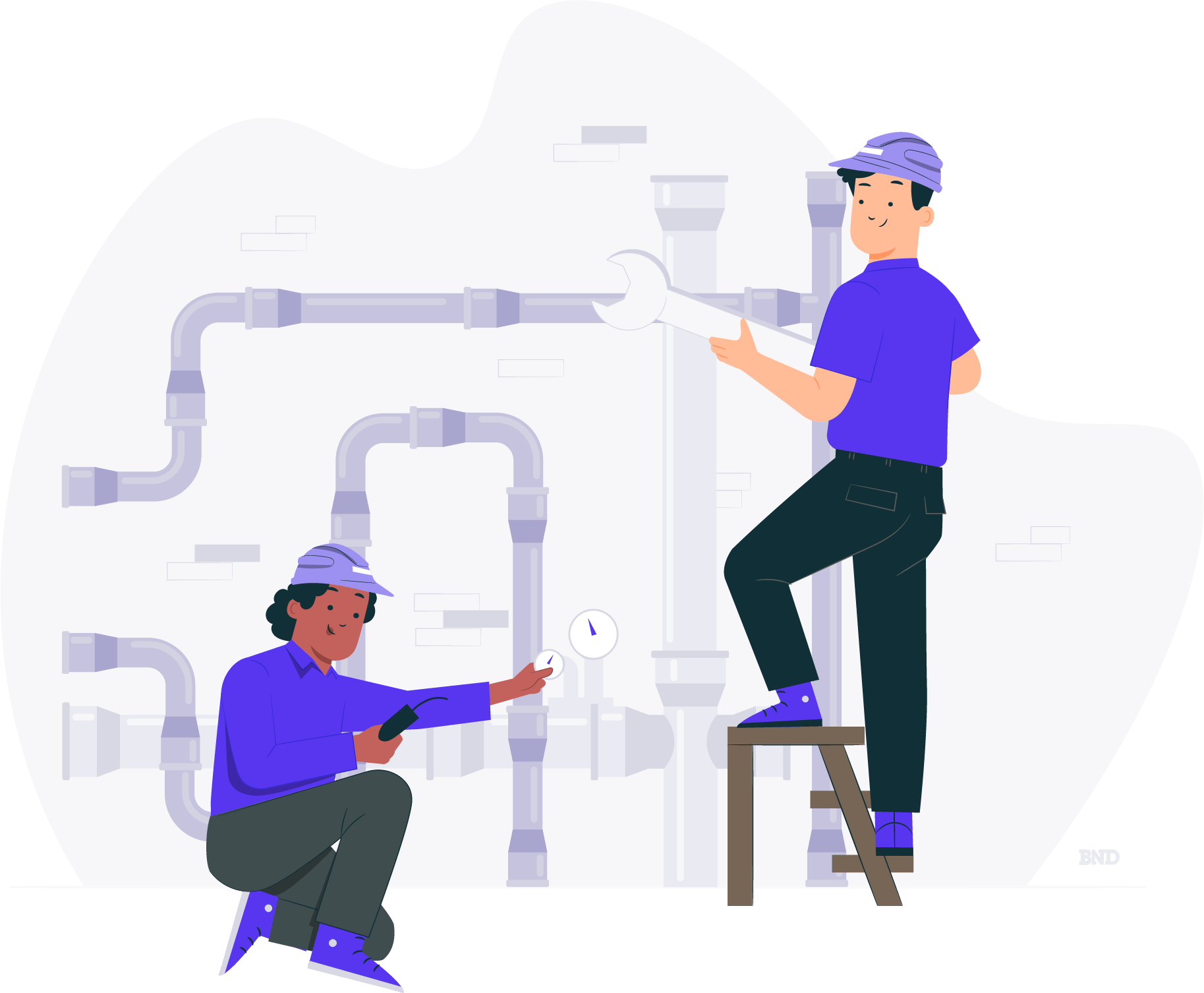 graphic of two plumbers fixing a series of pipes