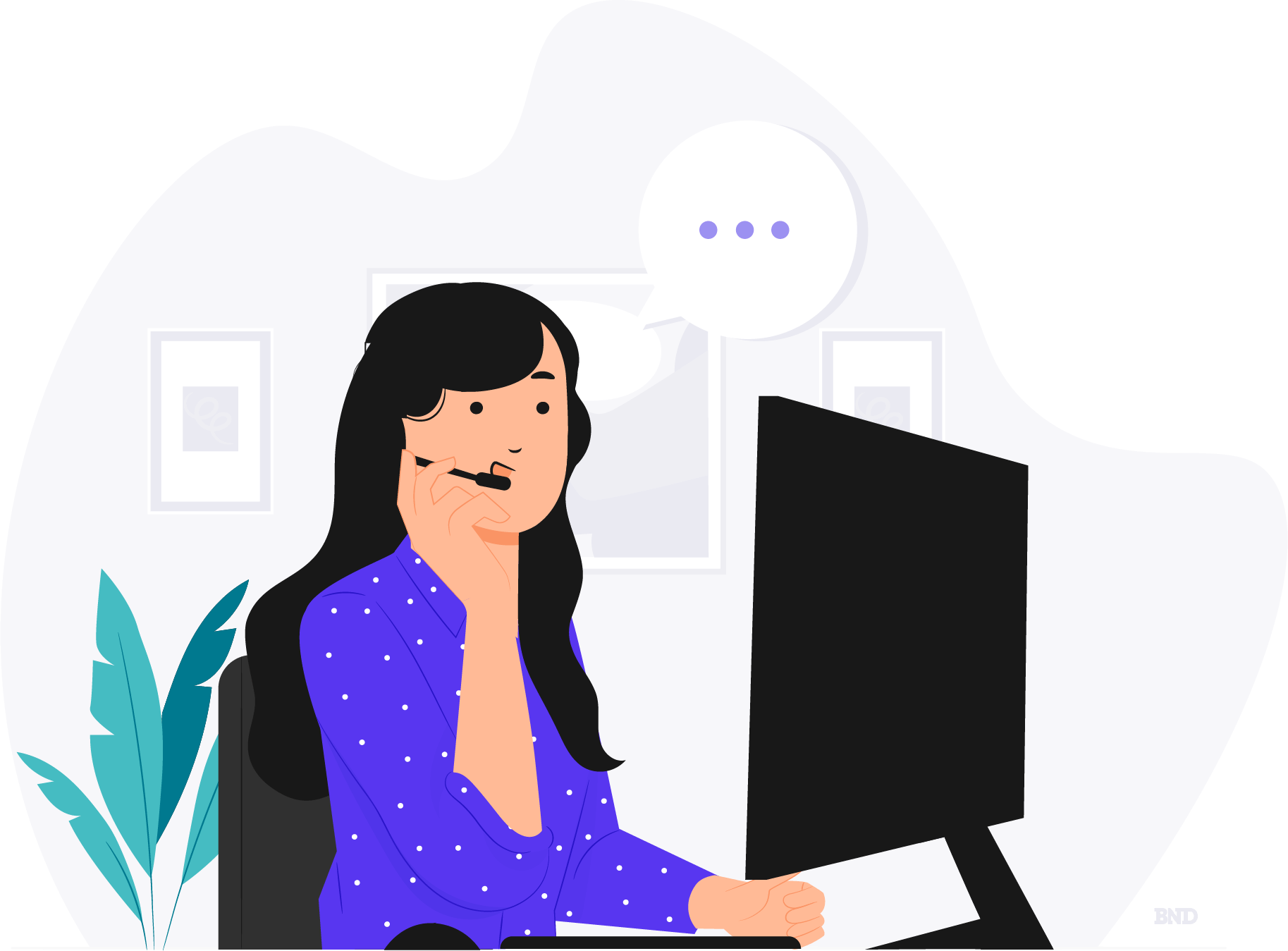 graphic of a businesswoman wearing a headset and looking at a computer monitor