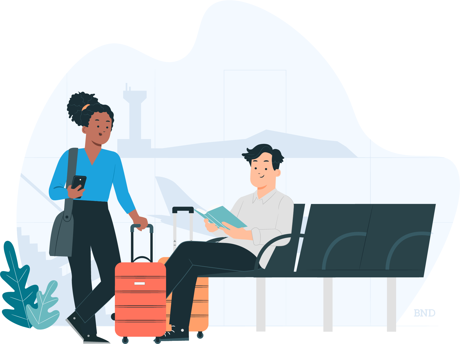 graphic of a two people in an airport terminal