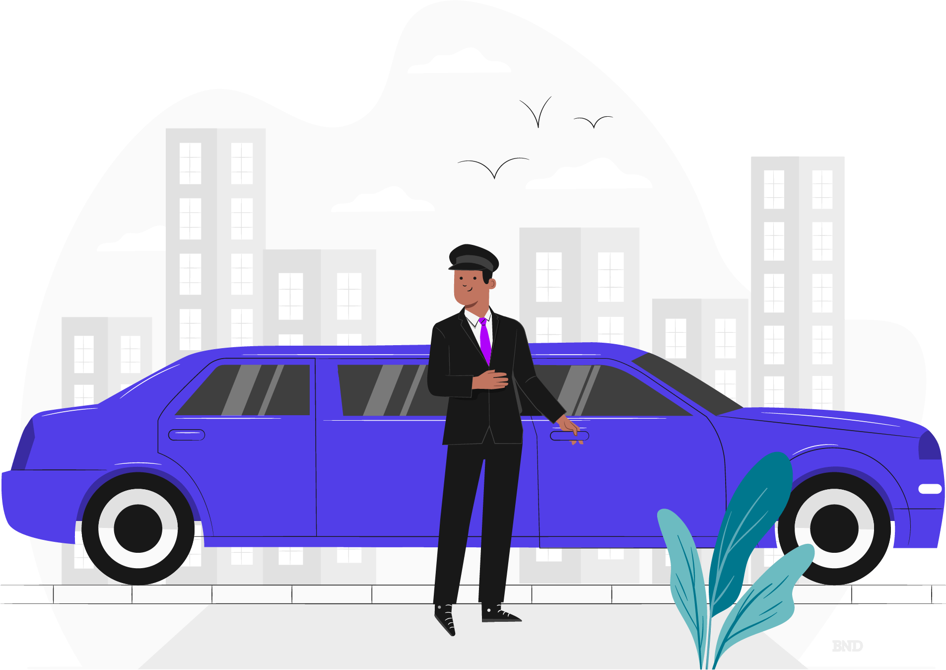 graphic of a driver standing in front of a purple limosine