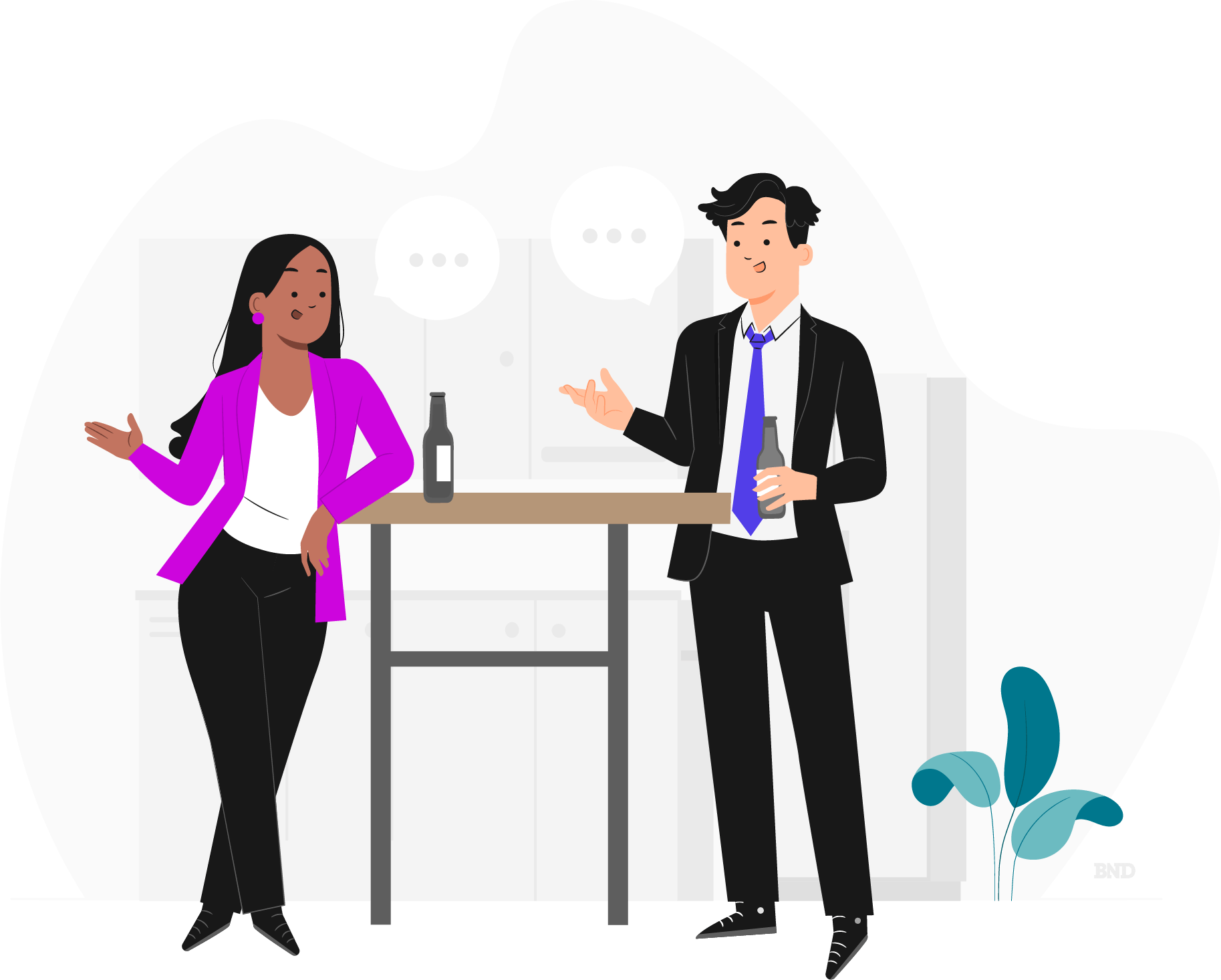 graphic of two colleagues talking at a bar table