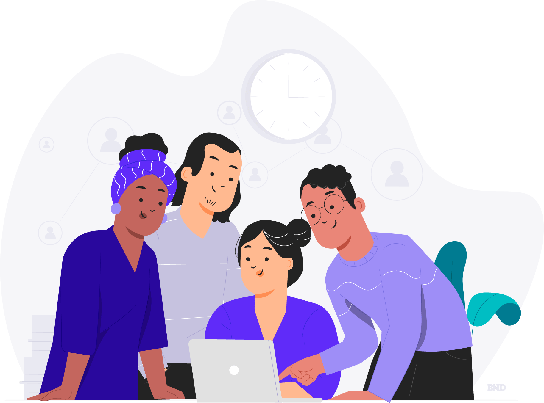 graphic of a group coworkers gathered around a computer