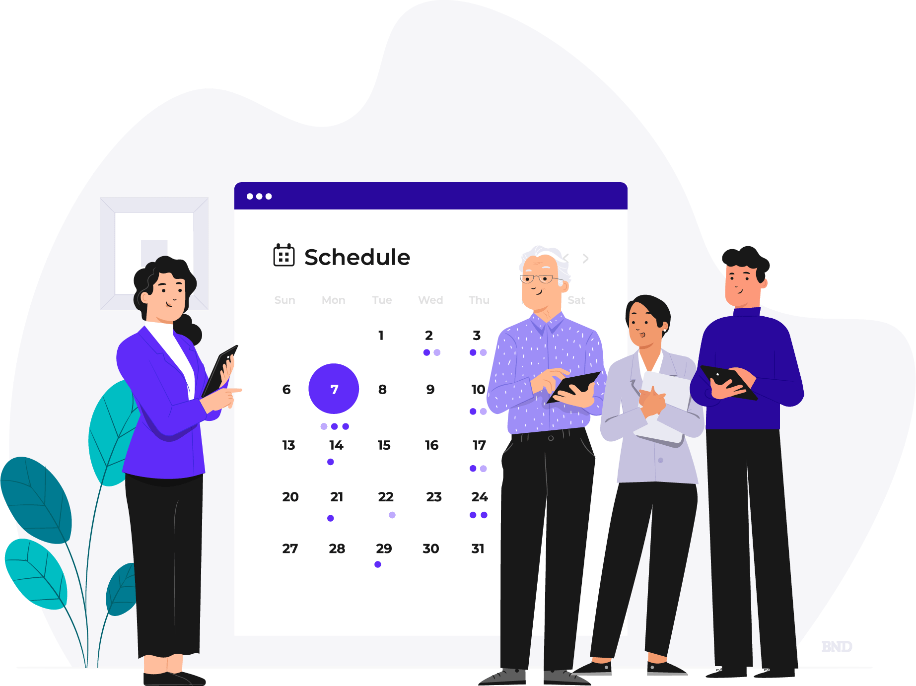 graphic of colleagues gathered around a large calendar