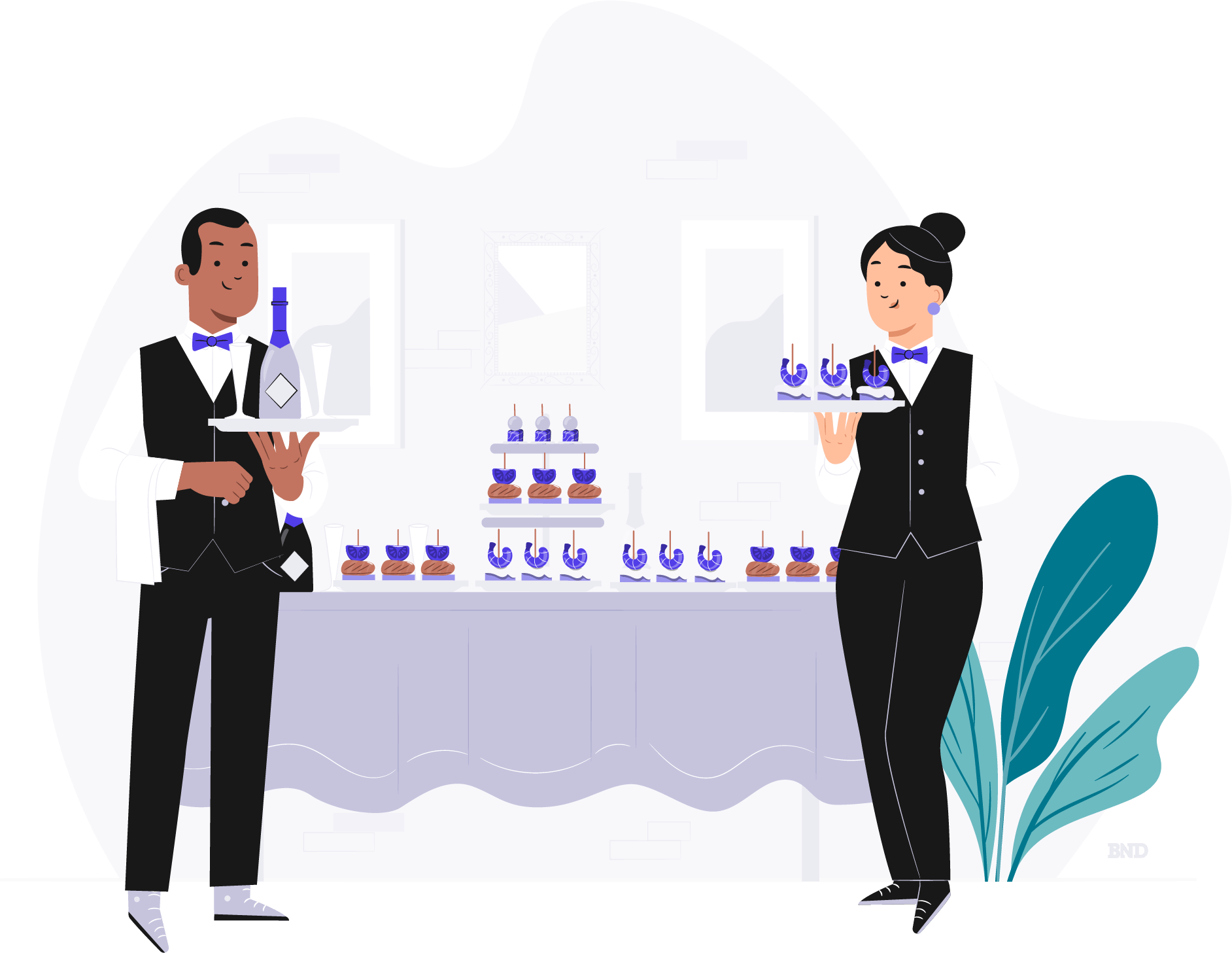 graphic of two caterers holding trays of drinks