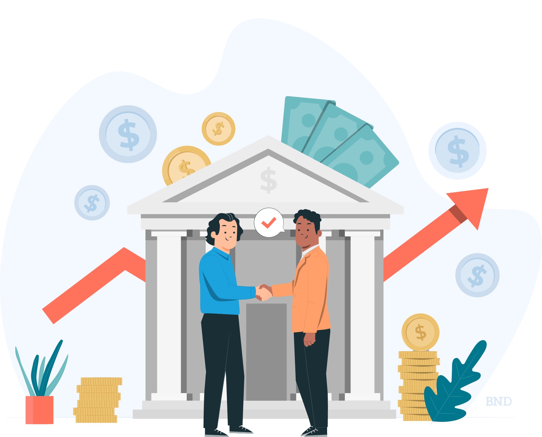 graphic of two business people shaking hands outside of a bank