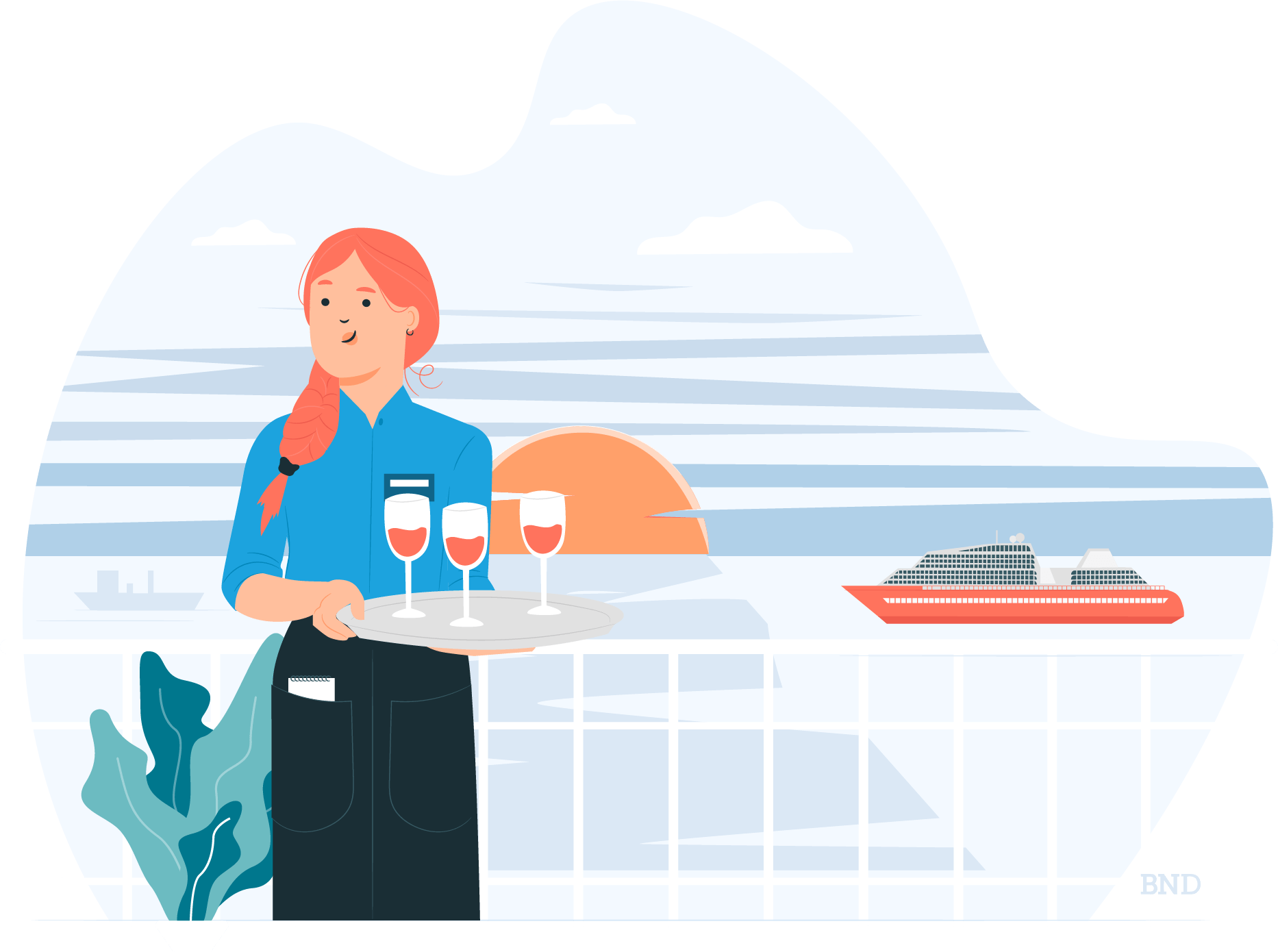 graphic of a cruise line worker holding drinks