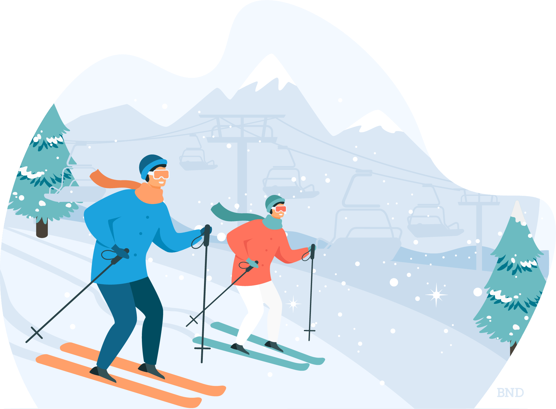 graphic of two people downhill skiing
