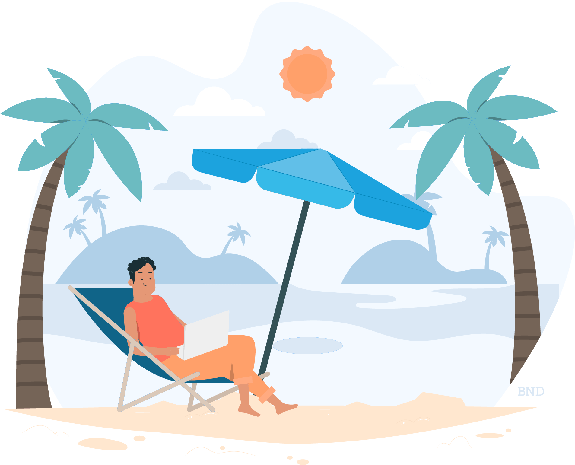 graphic of a person lounging at a beach between palm trees