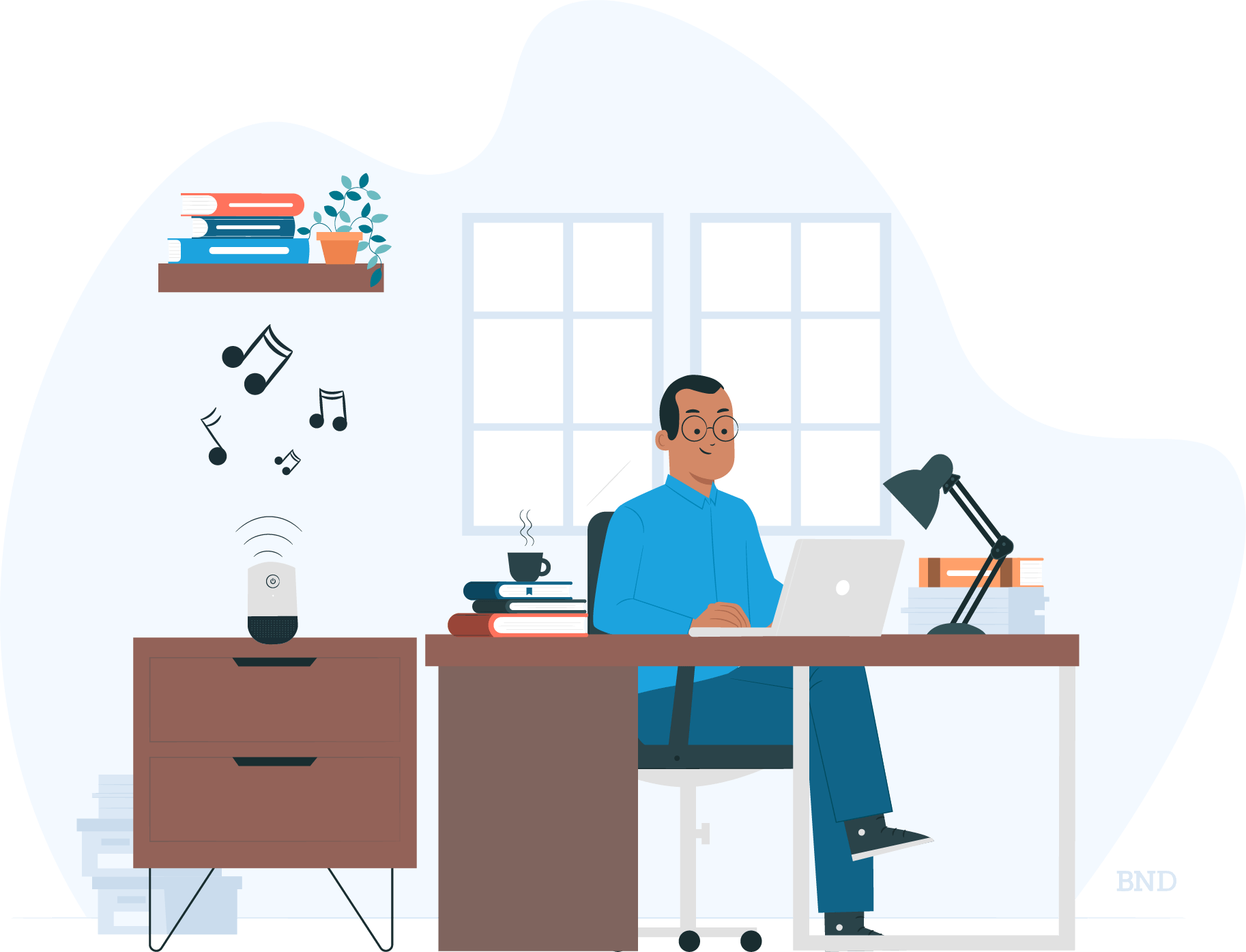 graphic of man sitting at a desk listening to music