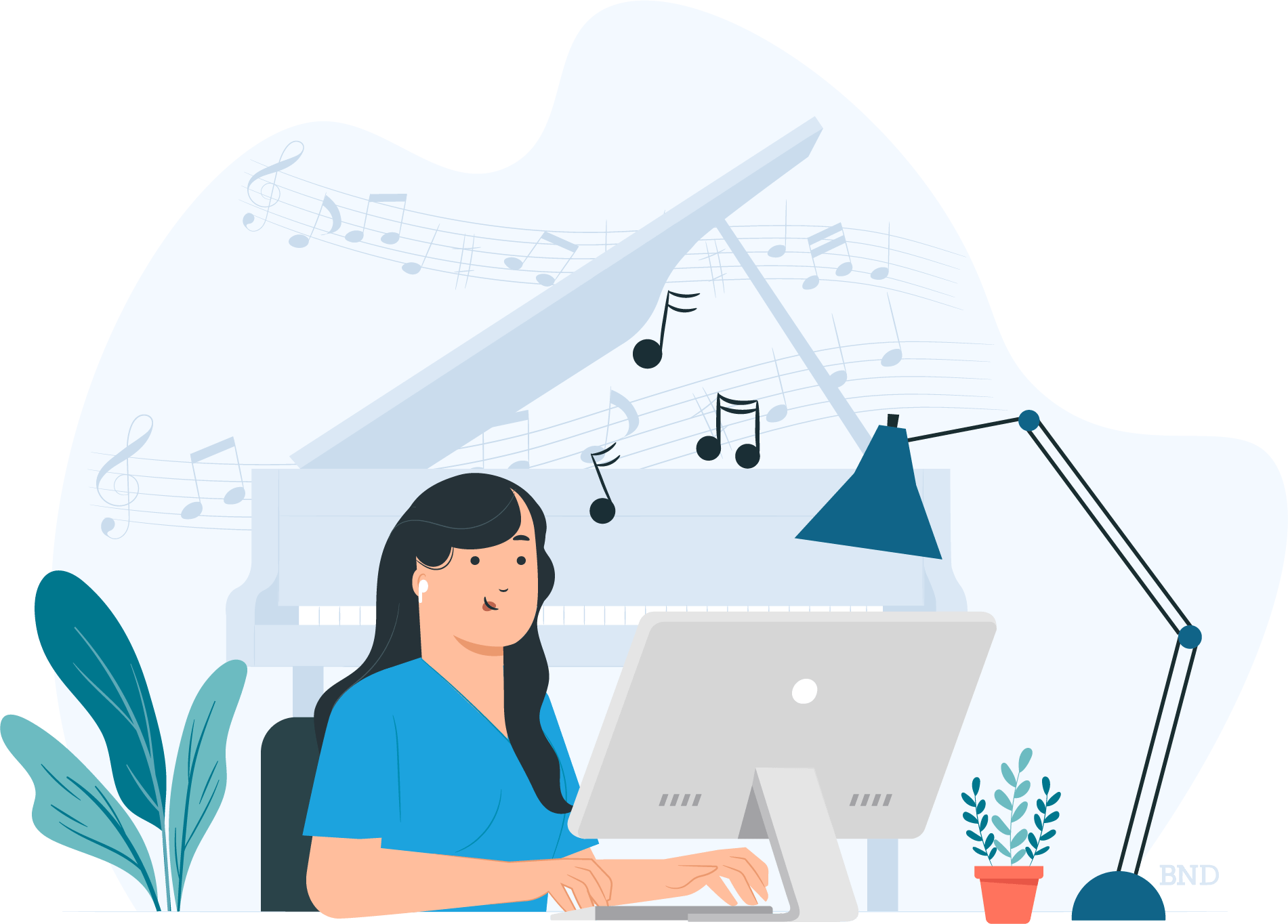 graphic of person listening to music while working on a desktop computer