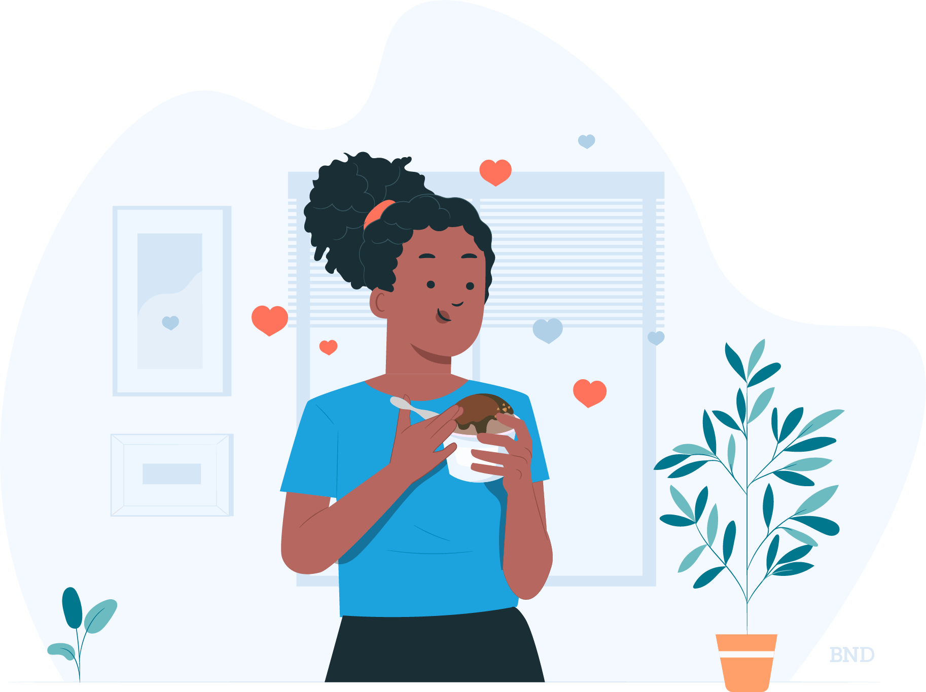 graphic of a person eating ice cream surrounded by heart icons