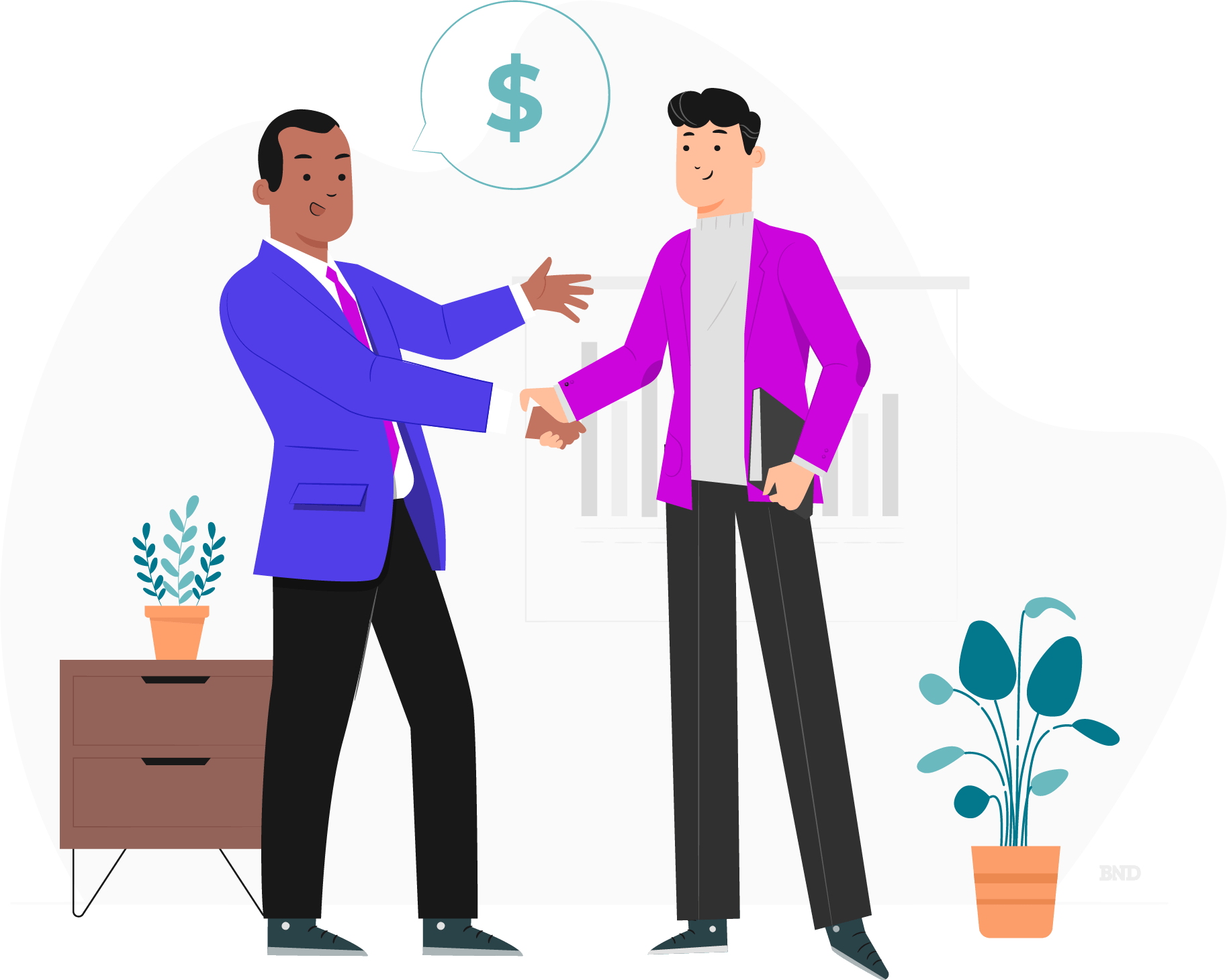 graphic of a boss and employee shaking hands with a money symbol above their heads