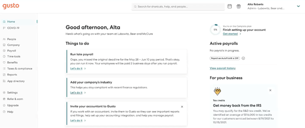 Gusto user-friendly dashboard