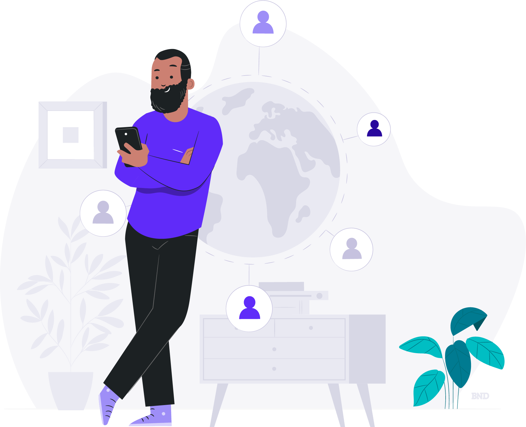 graphic of a person holding a smartphone next to a globe