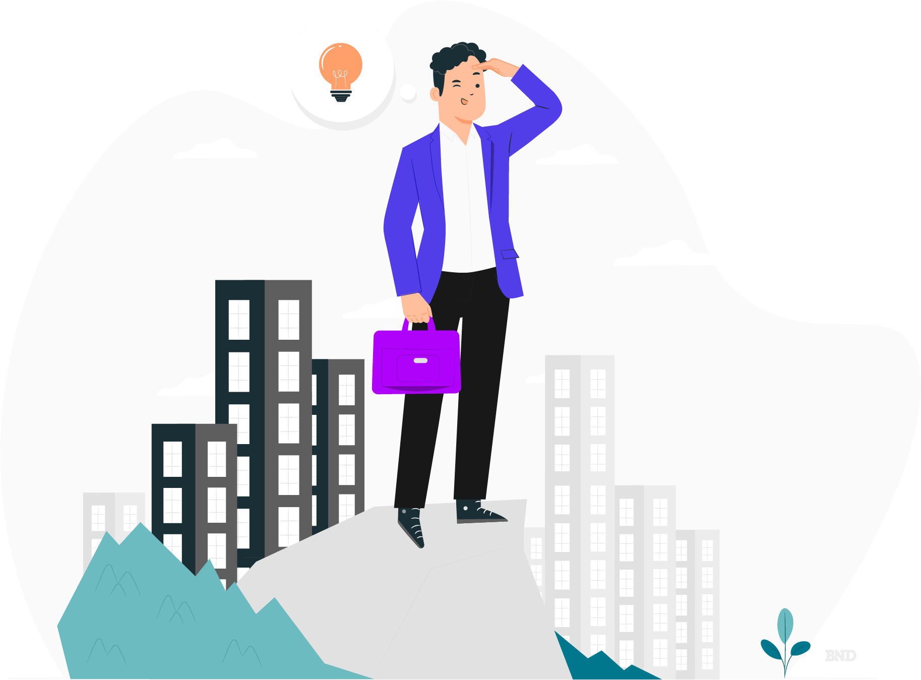 graphic of businessman standing atop a hill