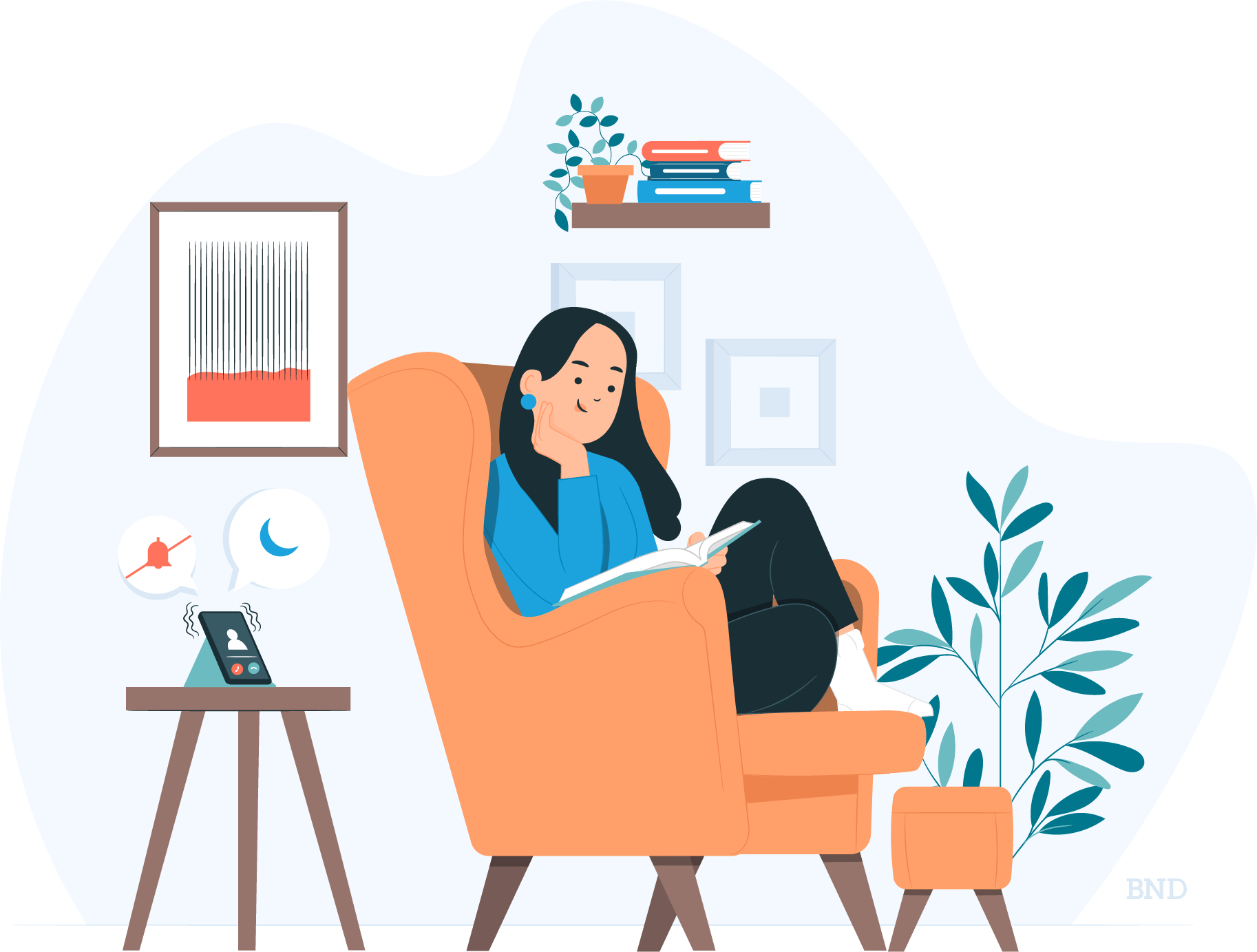graphic of a woman sitting in a chair and reading
