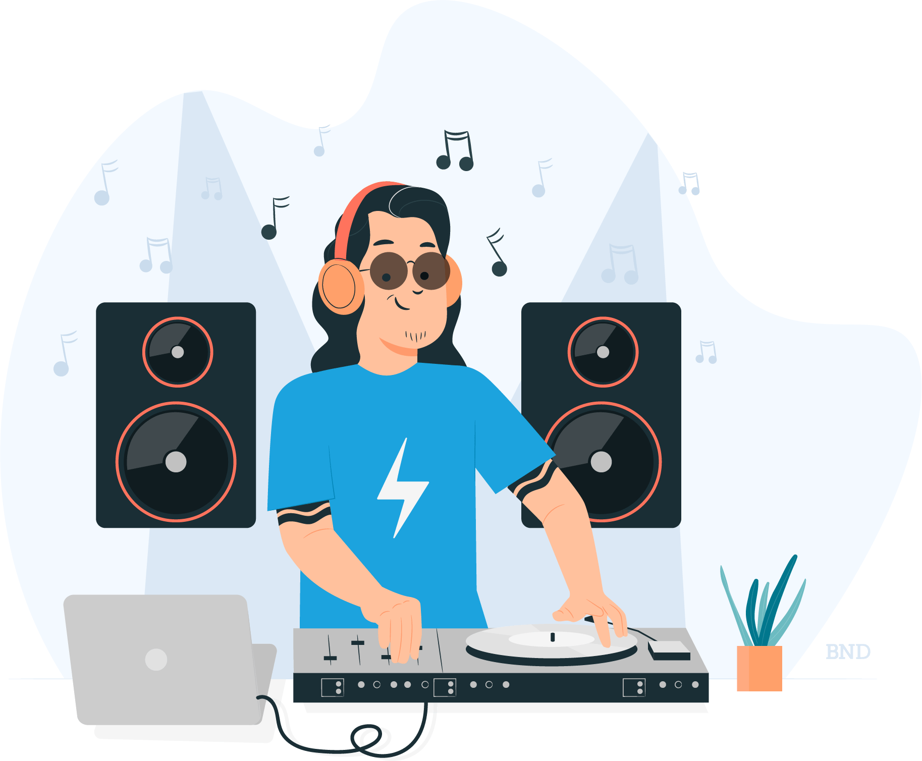 graphic of a DJ with a turntable and speakers