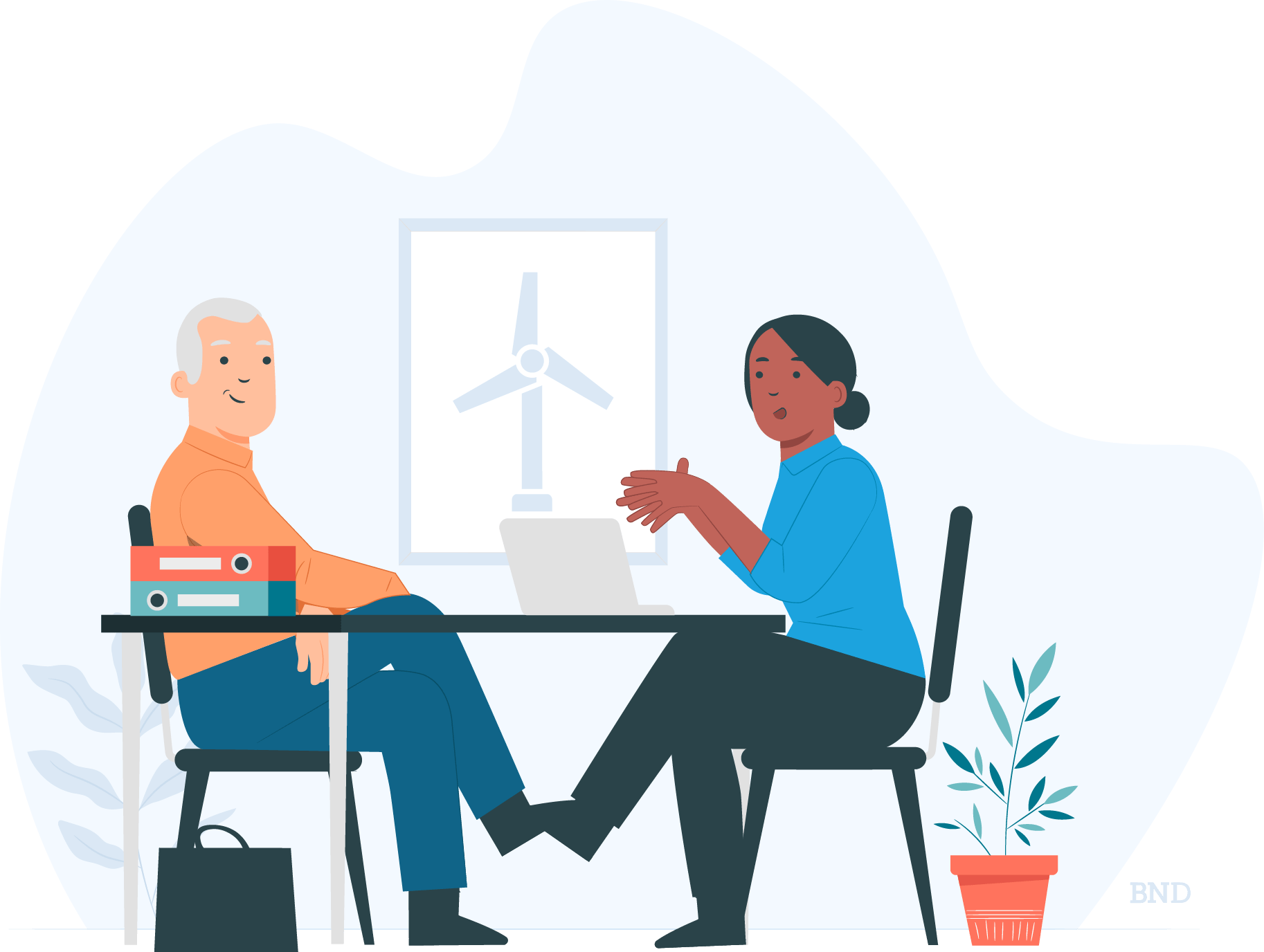 graphic of two people talking at a table next to a photo of a windmill