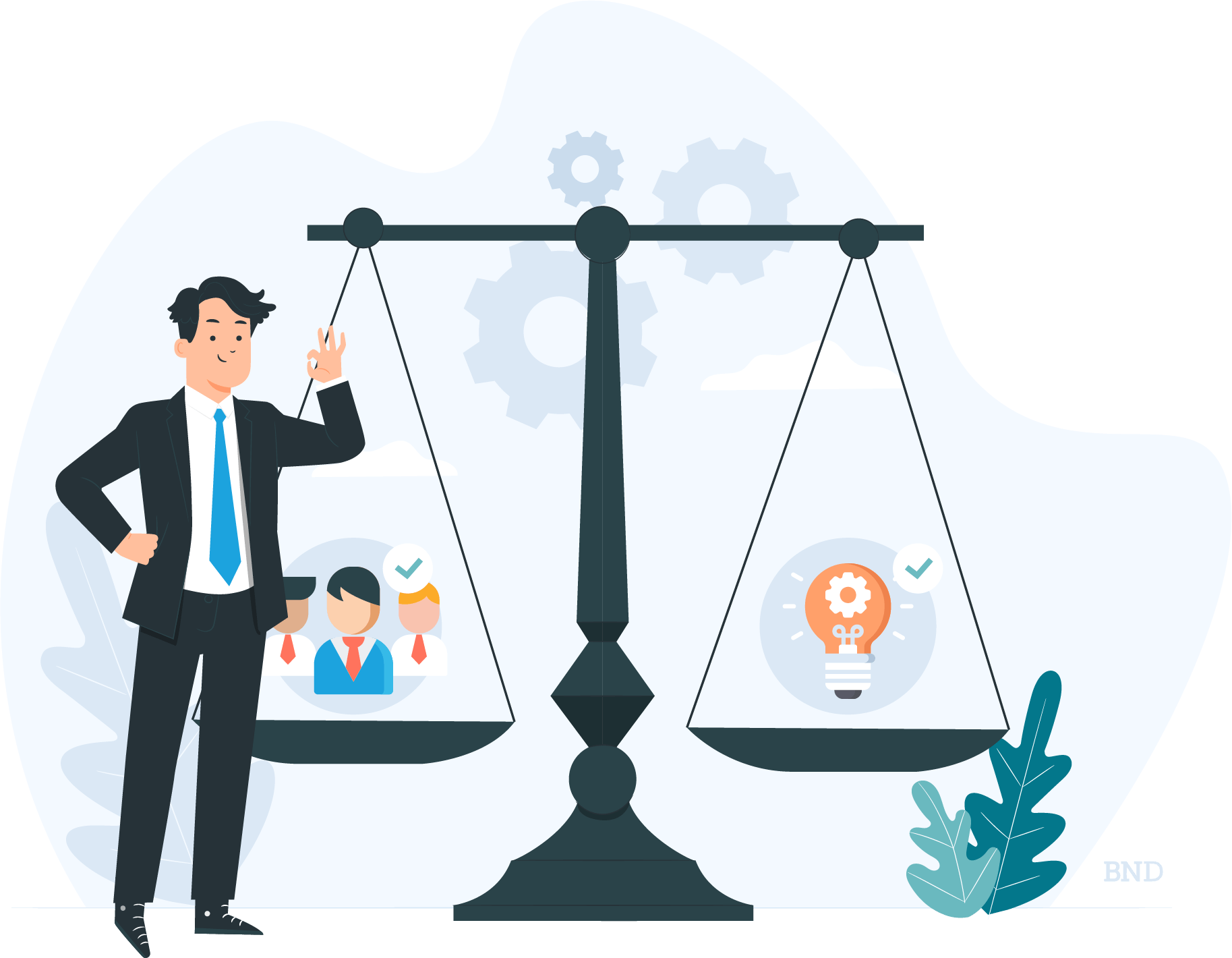 graphic of a businessperson in a suit next to a scale