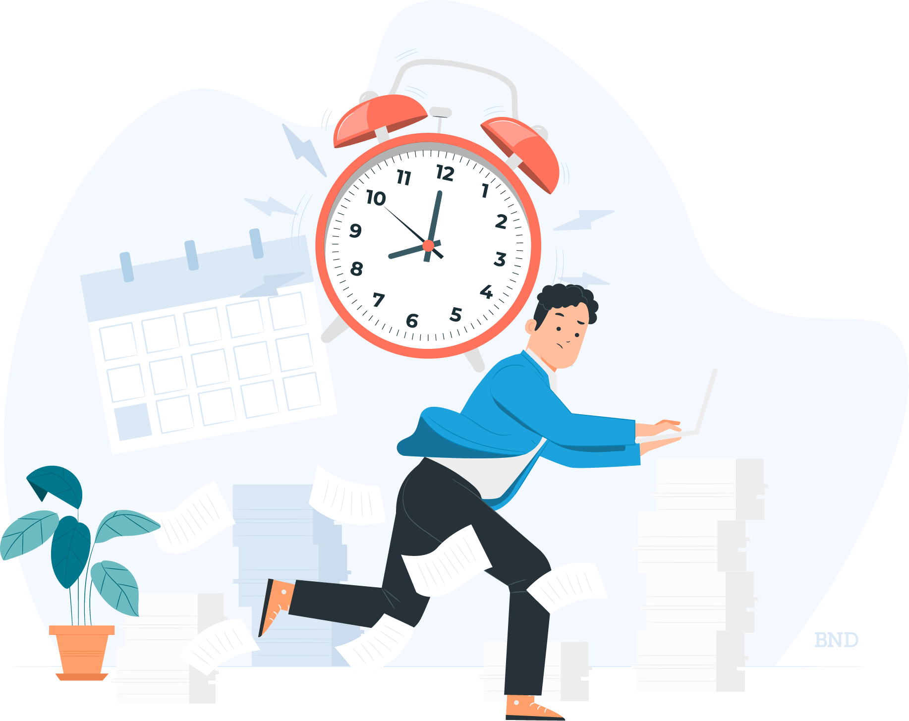 graphic of a businessperson running. below a large alarm clock