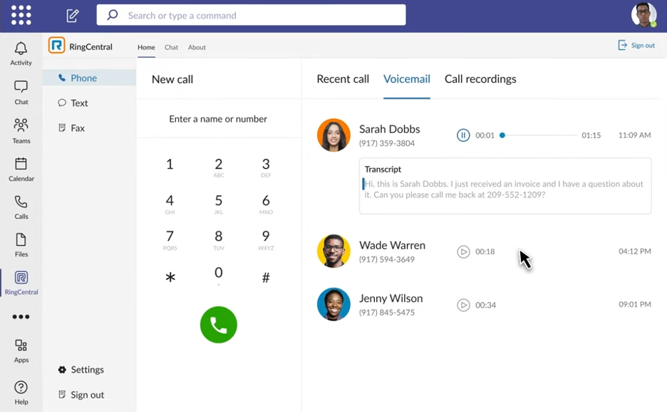 RingCentral call settings