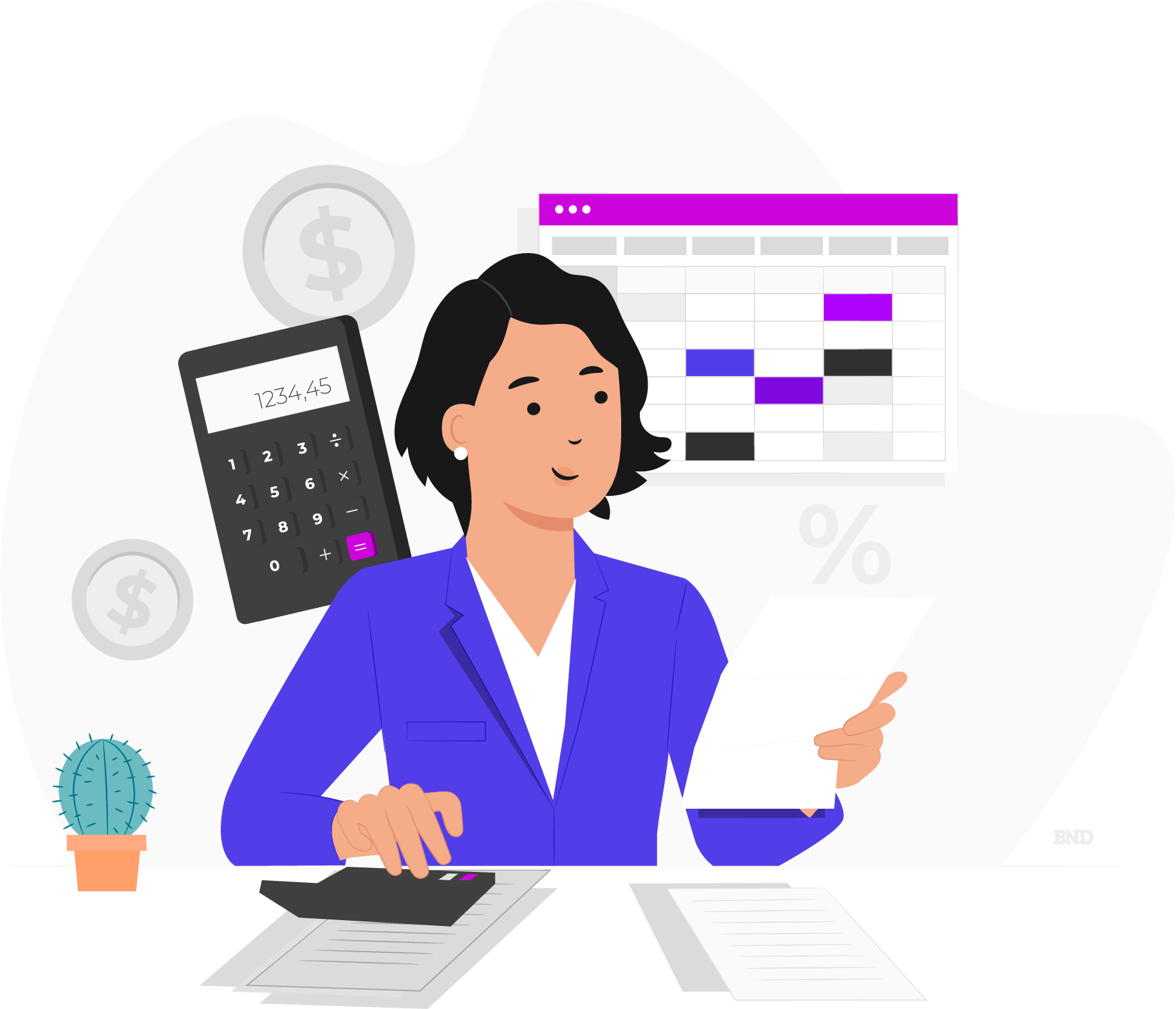 graphic of a businessperson in front of a calculator and a calendar