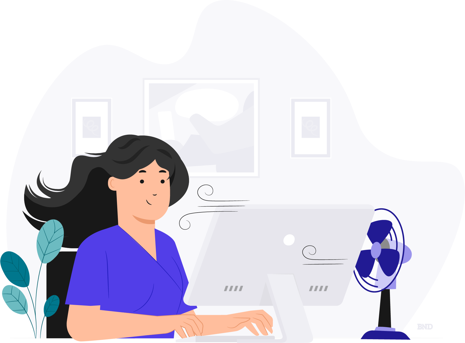 graphic of a person sitting at a computer with a fan blowing on them