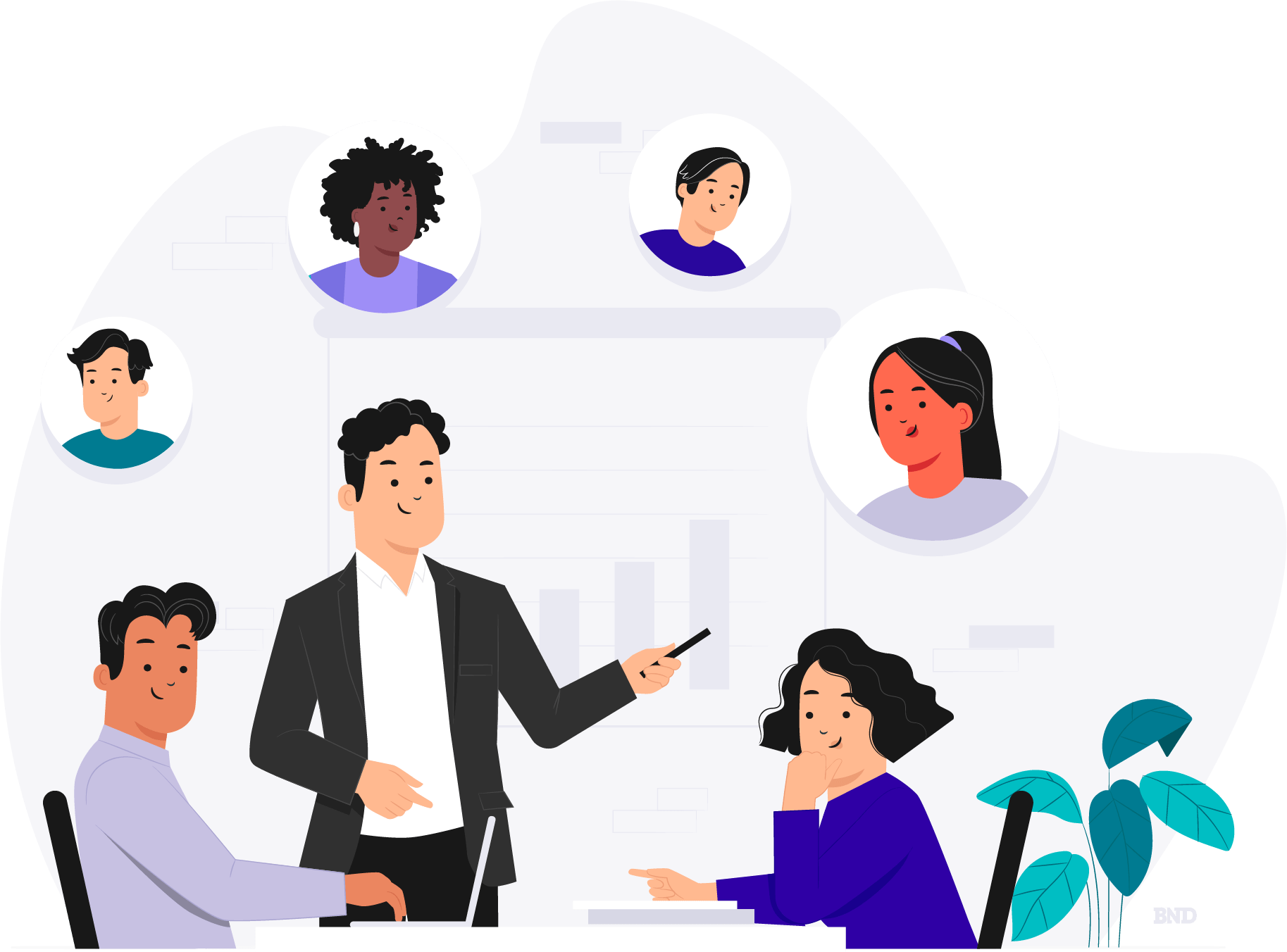 graphic of colleagues talking at a desk with other faces in thought bubbles above them