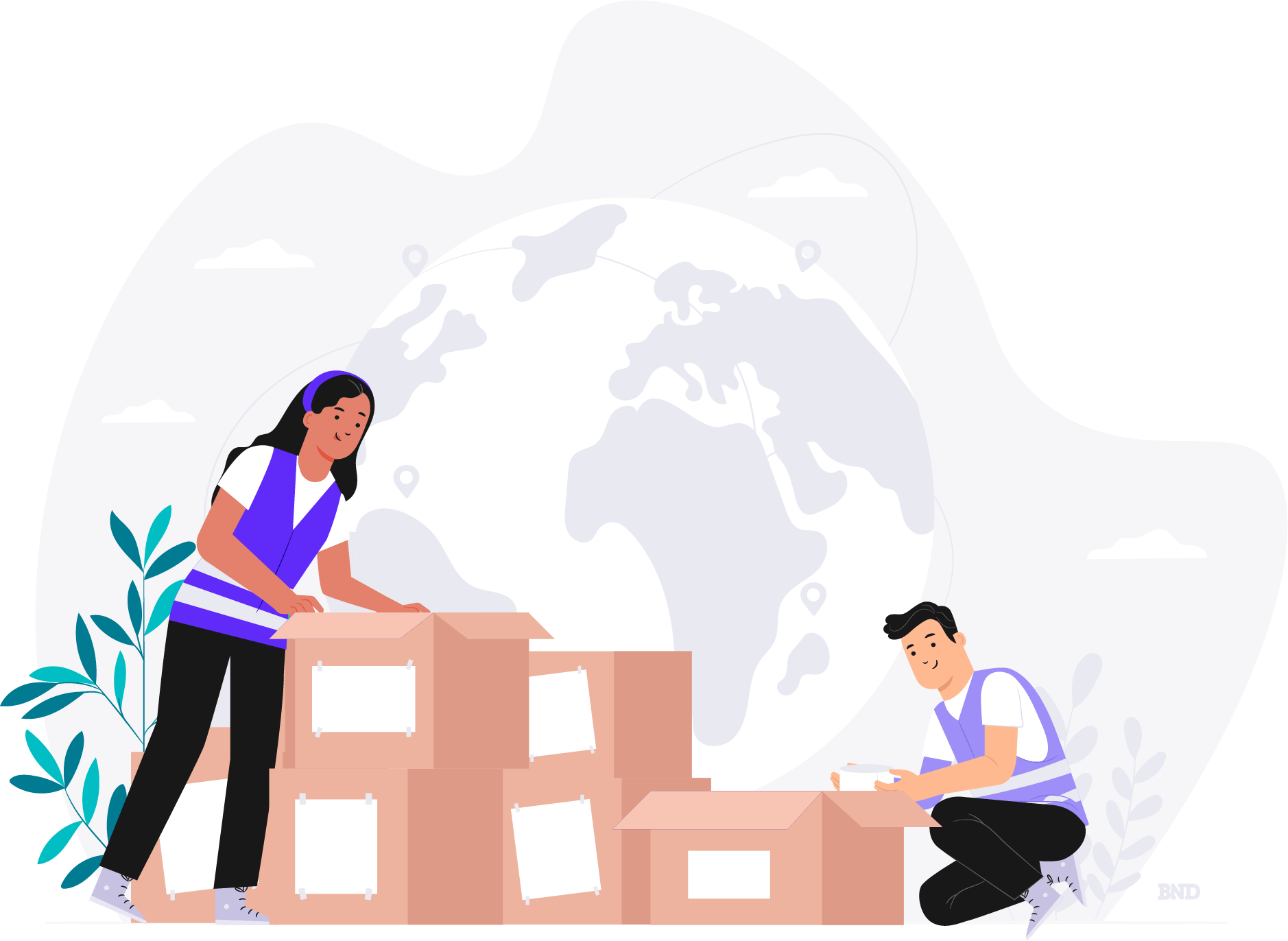 graphic of two colleagues putting items into cardboard boxes with an image of a globe in the background