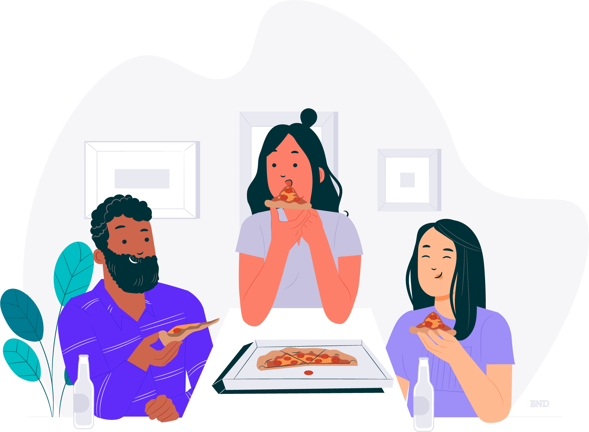 graphic of colleagues eating pizza together