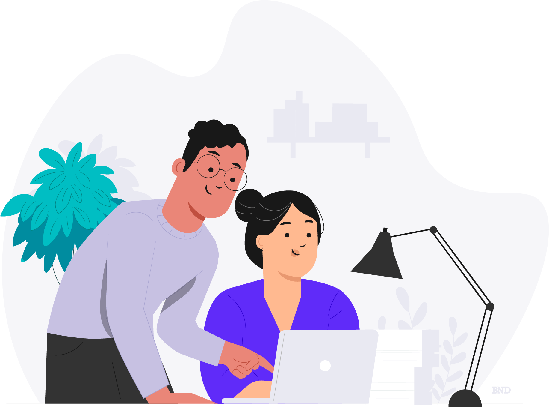 graphic of two colleagues in front of a laptop