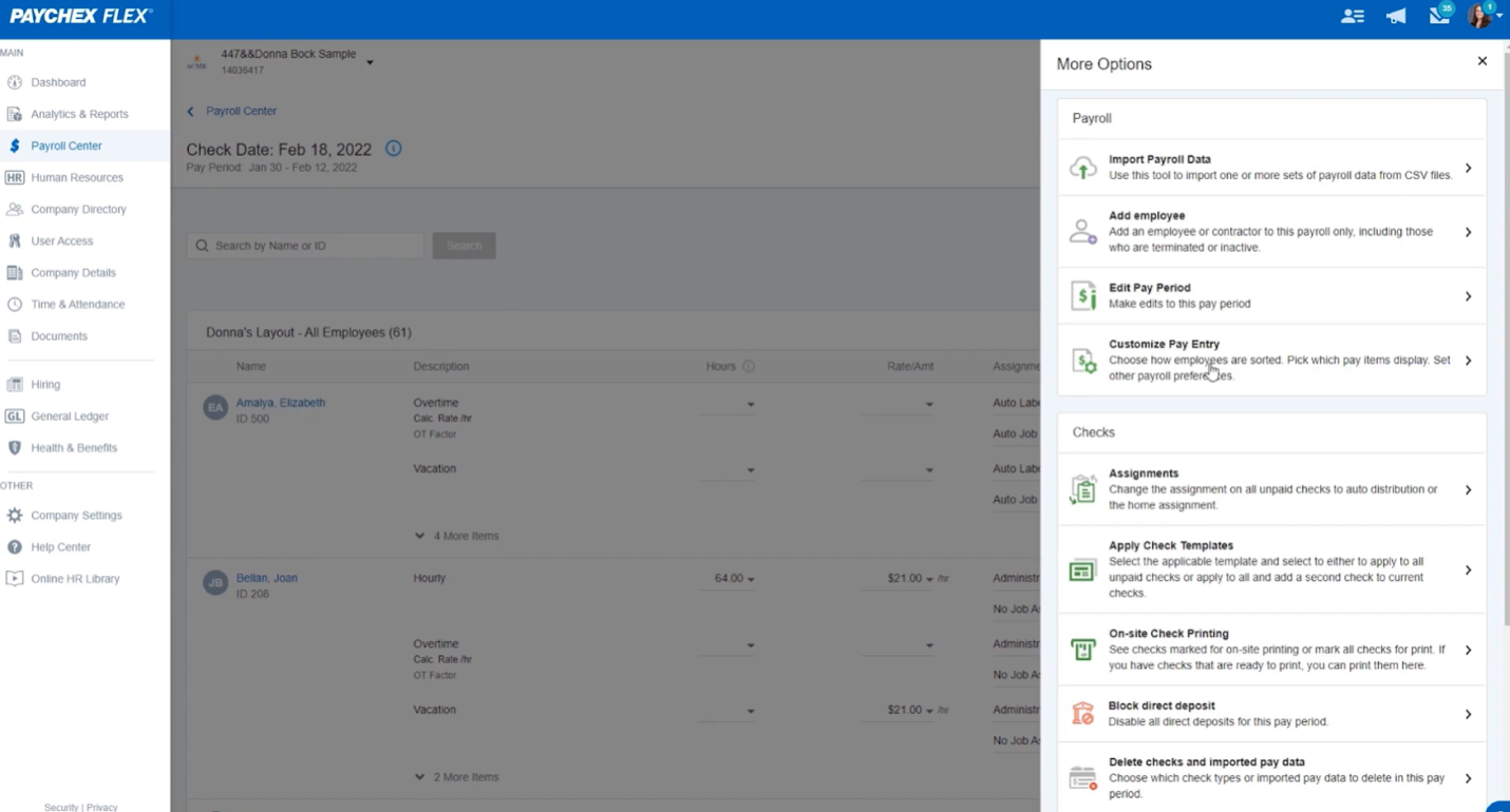 Paychex payroll software side menu