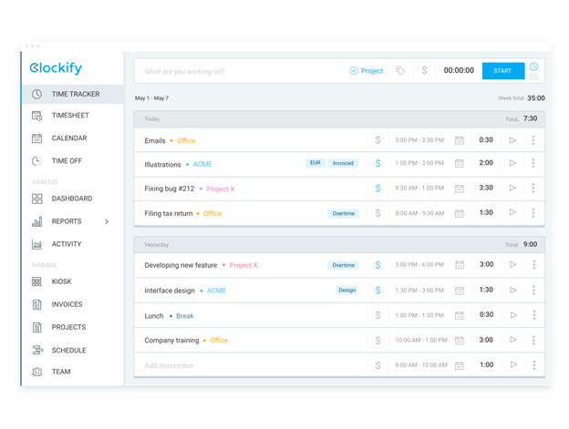 Clockify time tracking screen