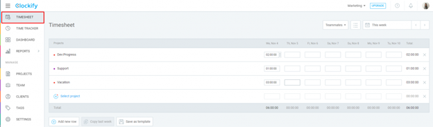 Clockify timesheet