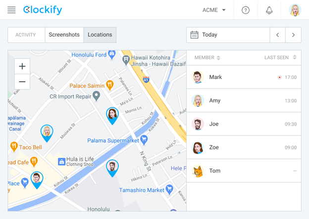 Clockify employee locations
