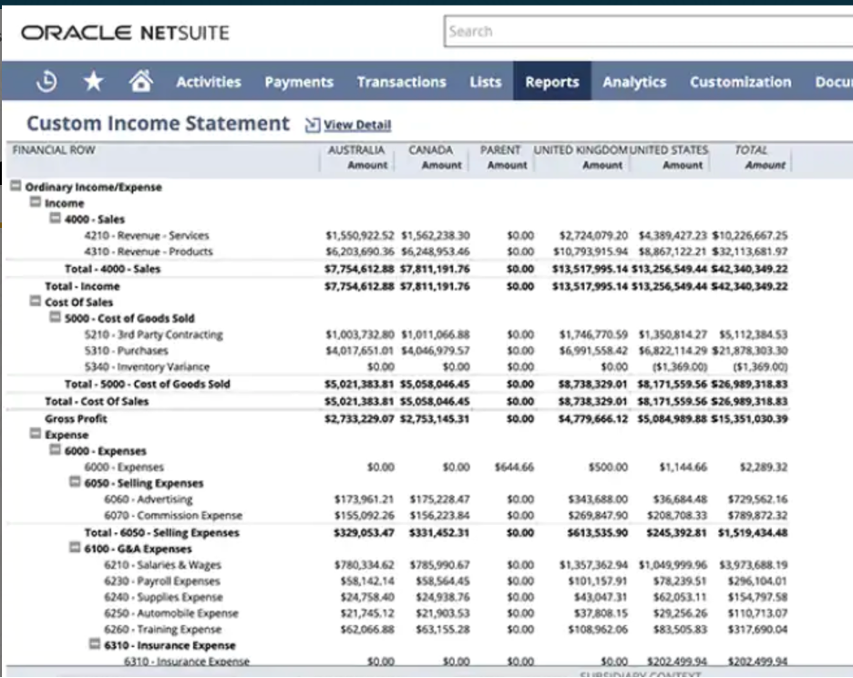 Oracle NetSuite custom income statement